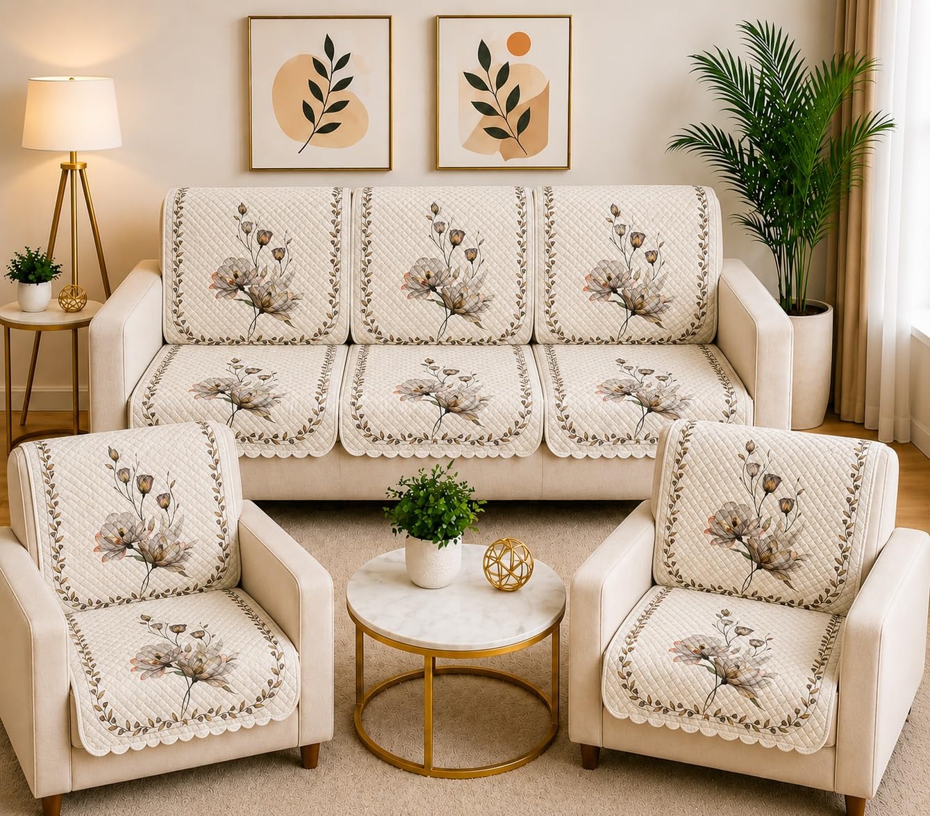 Quilted Sofa Cover Set 5 Seater for Living Room - 3 Seater & 1+1 Seater Sofa Slip Covers for Home - Premium Furniture Protector Panels for Sofa, 10 Pieces-image-28