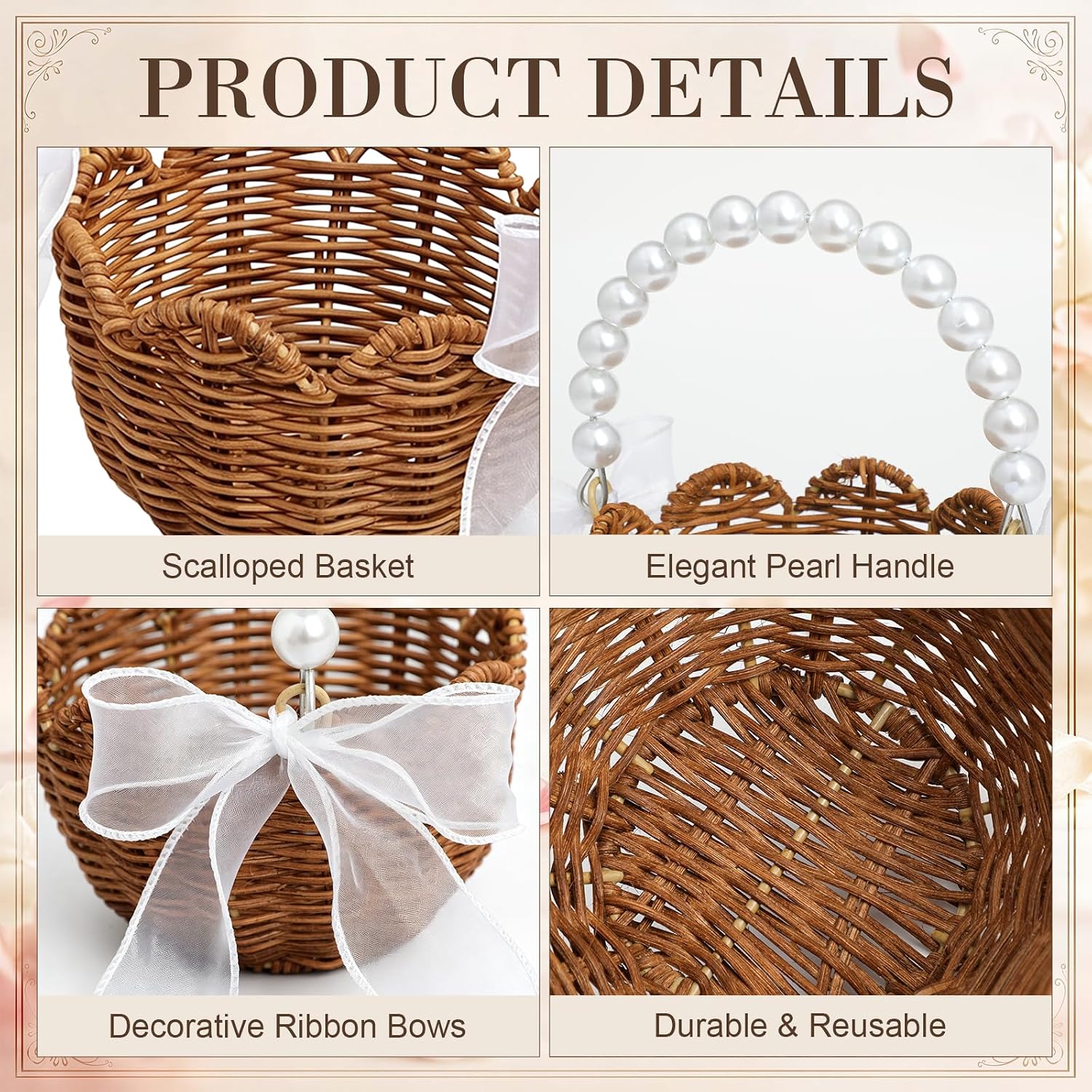 Domensi 2 Pcs Scalloped Wicker Flower Girl Basket with Pearl Handle Handwoven Wedding Flower Girl Basket with Bows Round Small Boho Rattan Gift Baskets for Wedding Home Decorations