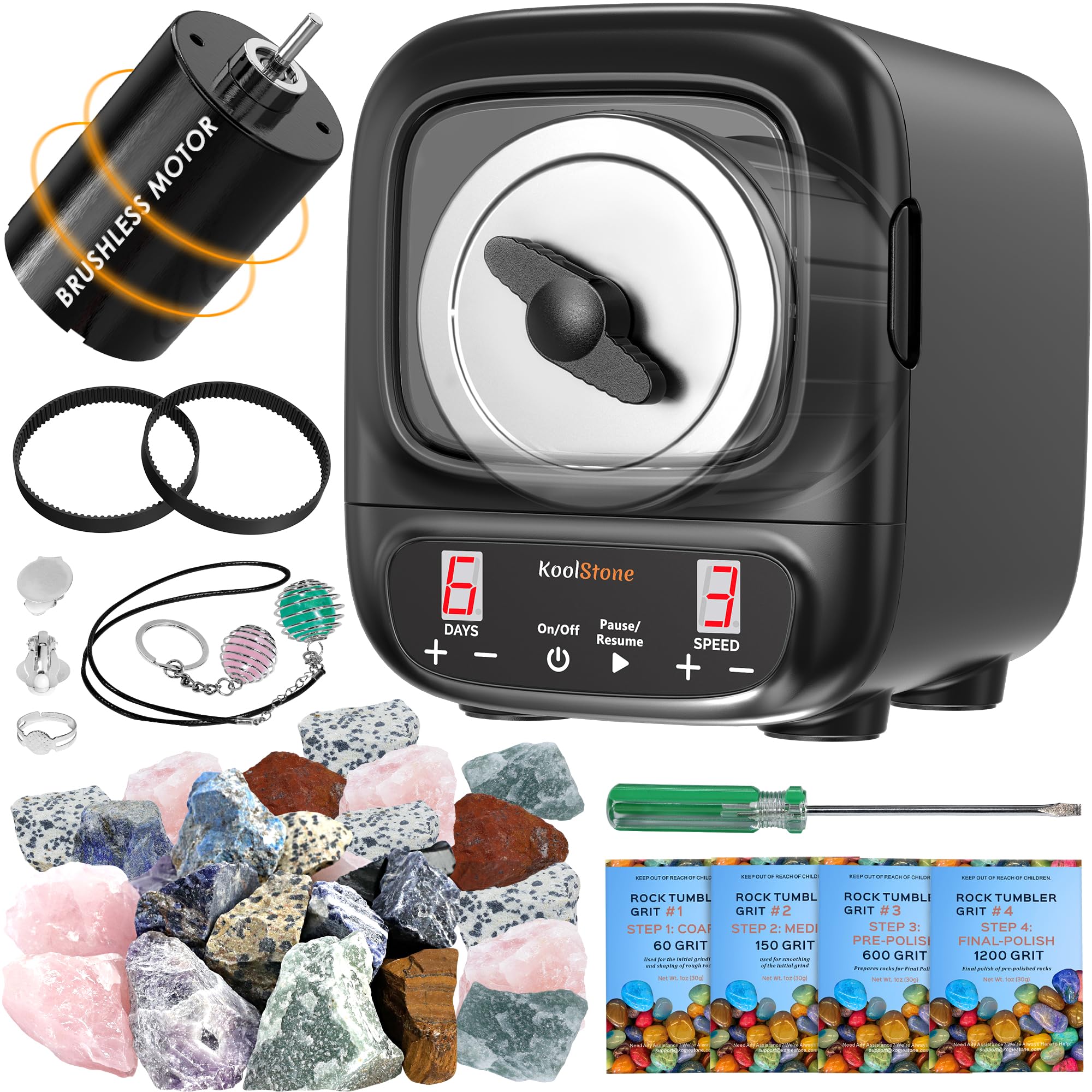 C1 Pro Max Professional Rock Tumbler Kit - Large 3LB Capacity & Brushless Motor, Up to 6X More Noise Cancelling, Ultra Quiet Rotary Polisher with Full Accessories, Ideal for Adults Kids