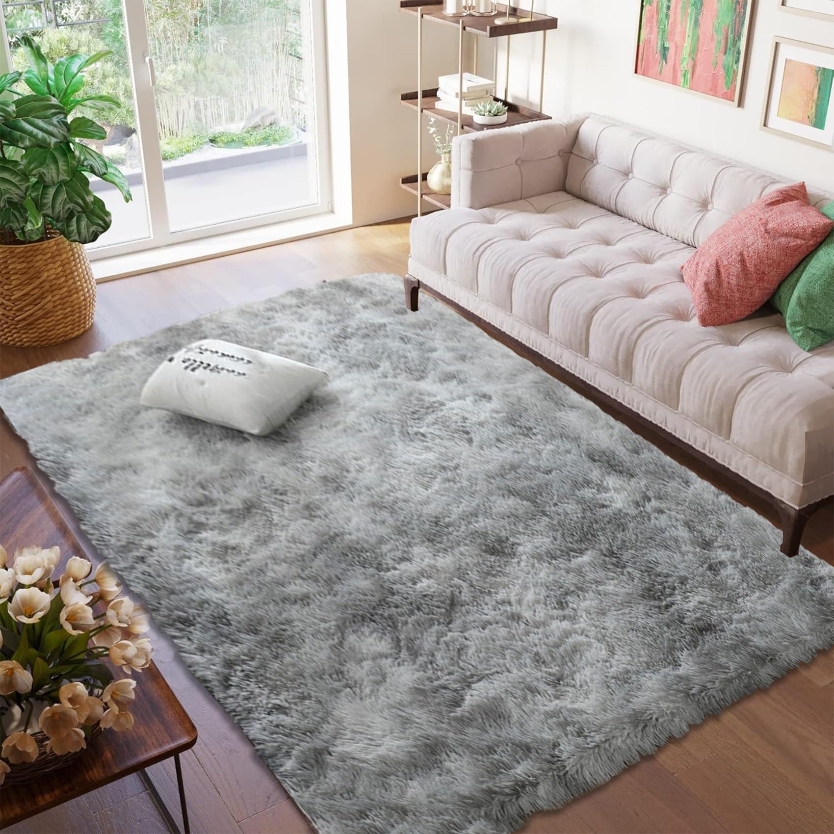 Tapis de salon antidérapant épais et lavable gris clair