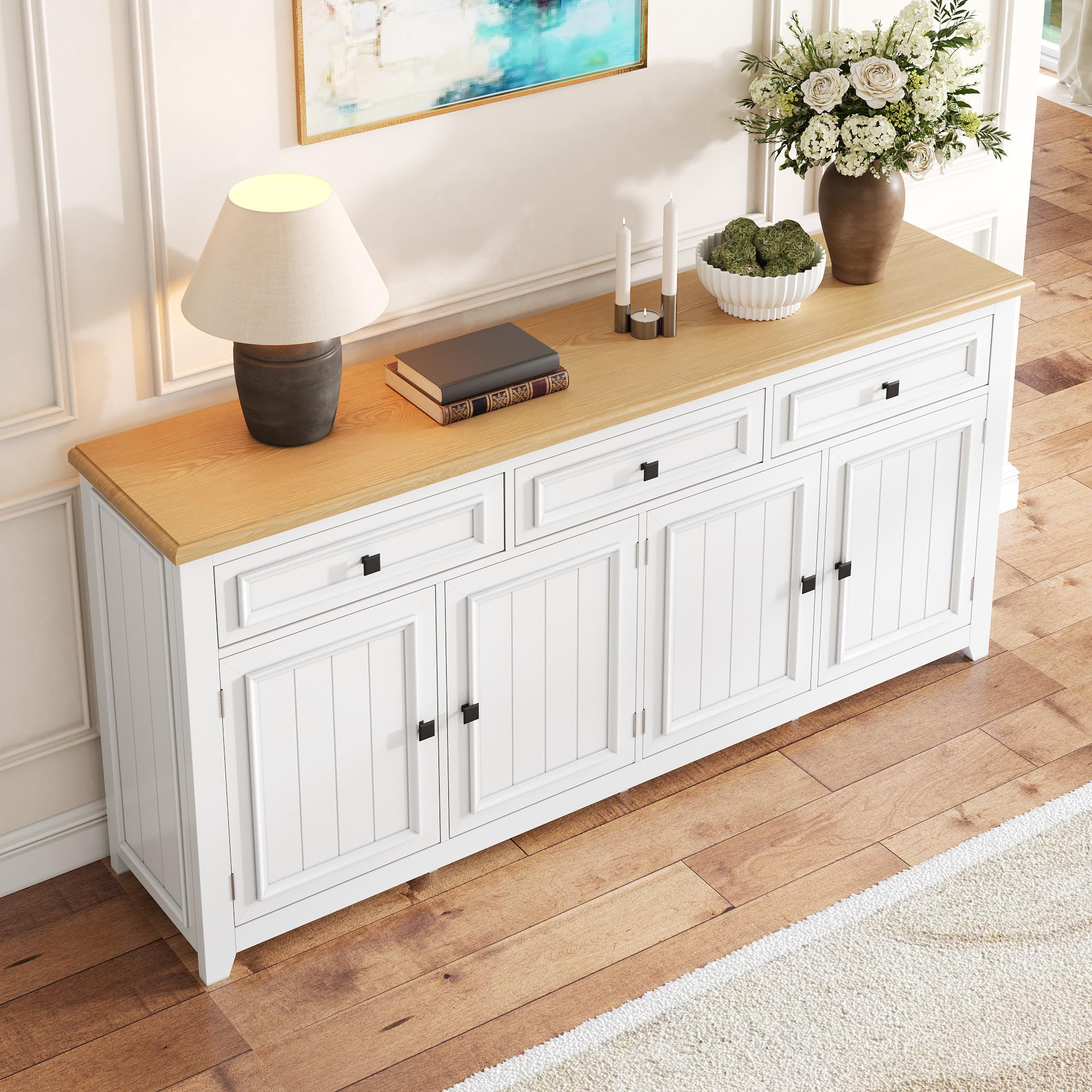 Bladez Credenza moderna, 160 cm, 4 ante e 3 cassetti, bianco con effetto legno, soggiorno e sala da pranzo (bianco + MDF)