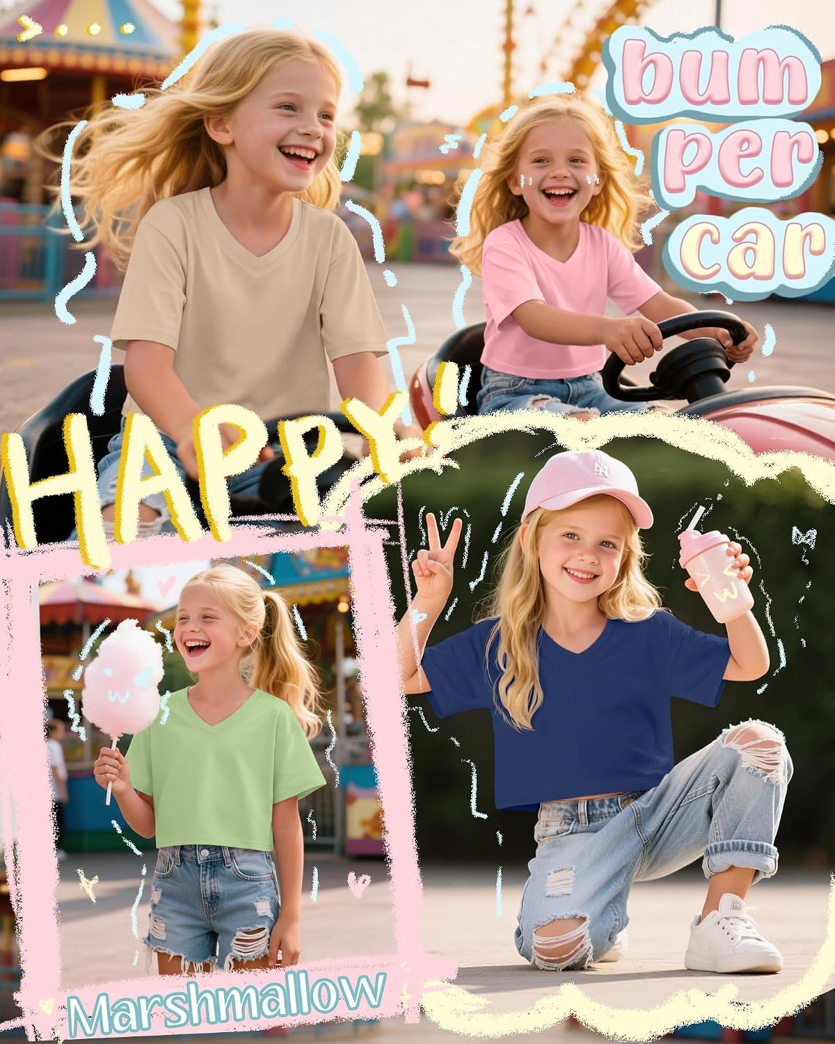 4 Pack Girls V Neck Crop Tops Short Sleeve Loose Fit T Shirts Summer Casual Cropped Top for Kids Size 5-14 Years