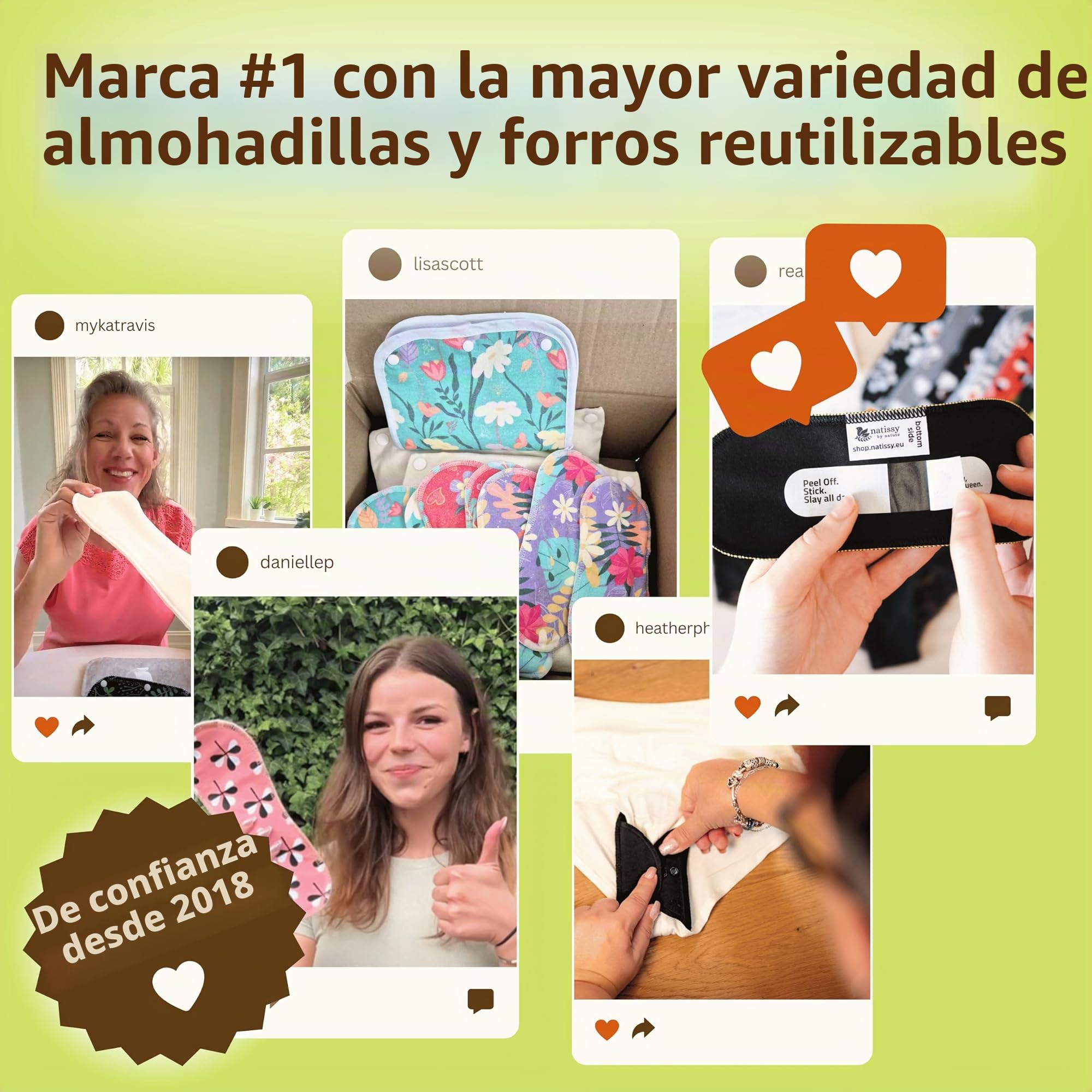 Natissy Compresas Reutilizables Sin Alas de Algodón Orgánico para Mujer, Lavables, Suaves, No Irritantes y Reutilizables - Pack 6 Tallas S+M - Made in EU