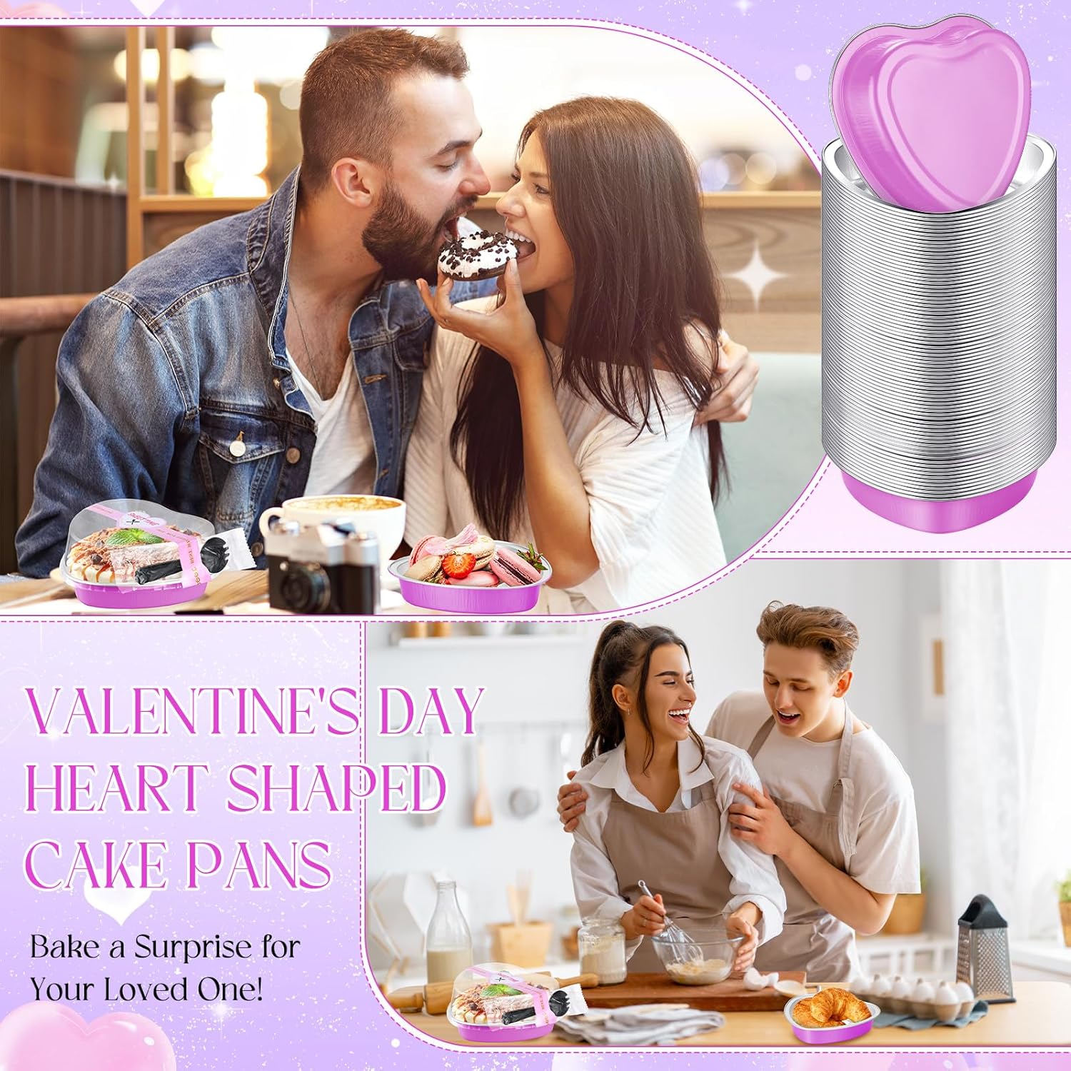 Yinkin 50 Sets 9 oz Valentines Day Baking Supplies Heart Shaped Cake Pans, 5.4'' Heart Aluminum Foil Cupcake Pan with Lid Spoon Sealing Sticker Disposable Dessert Tin for Wedding Birthday Party(Pink)