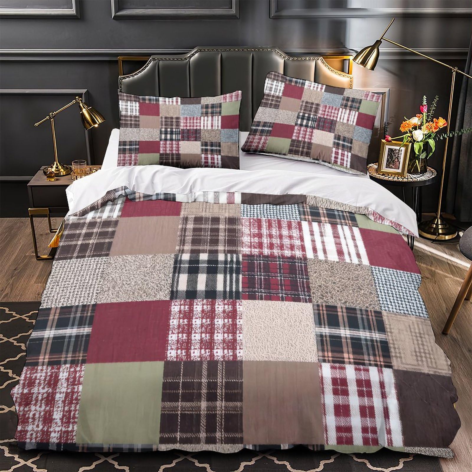 Housse de couette King 220x240cm avec 2 taies motif plaid patchwork en microfibre