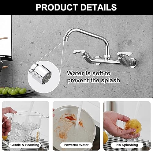 Miniatura 4 de BWE Grifo de cocina para montaje en pared, centro de 8 pulgadas, grifos de fregadero de utilidad comercial, doble mango con boquilla giratoria de 8