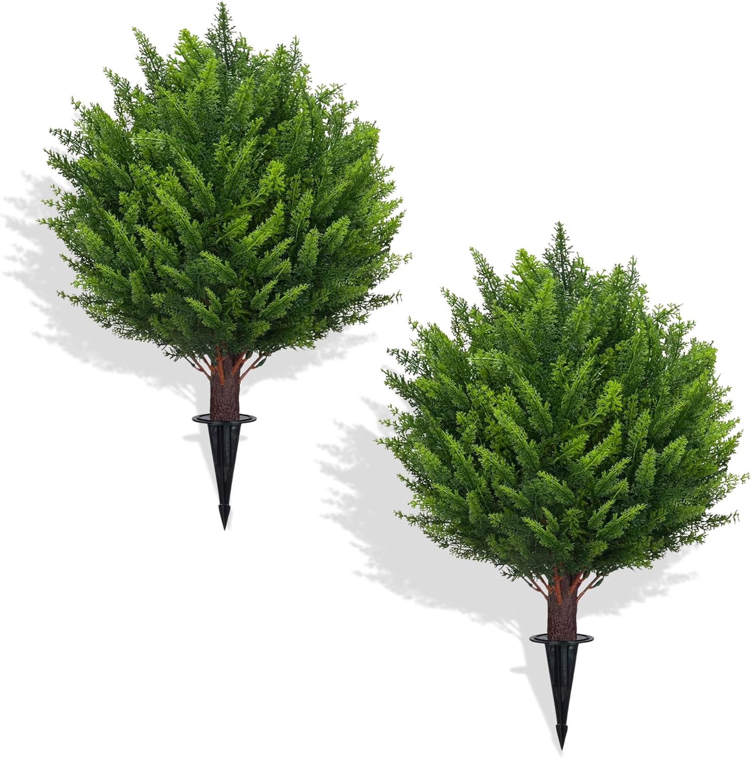 24.5” Faux Cypress Fake Tree (Set of 2) with Spike – 2ft Outdoor Artificial Plants with Realistic Fall Foliage for Planters & Front Door Fall & Christmas Decor – UV & Weather-Resistant