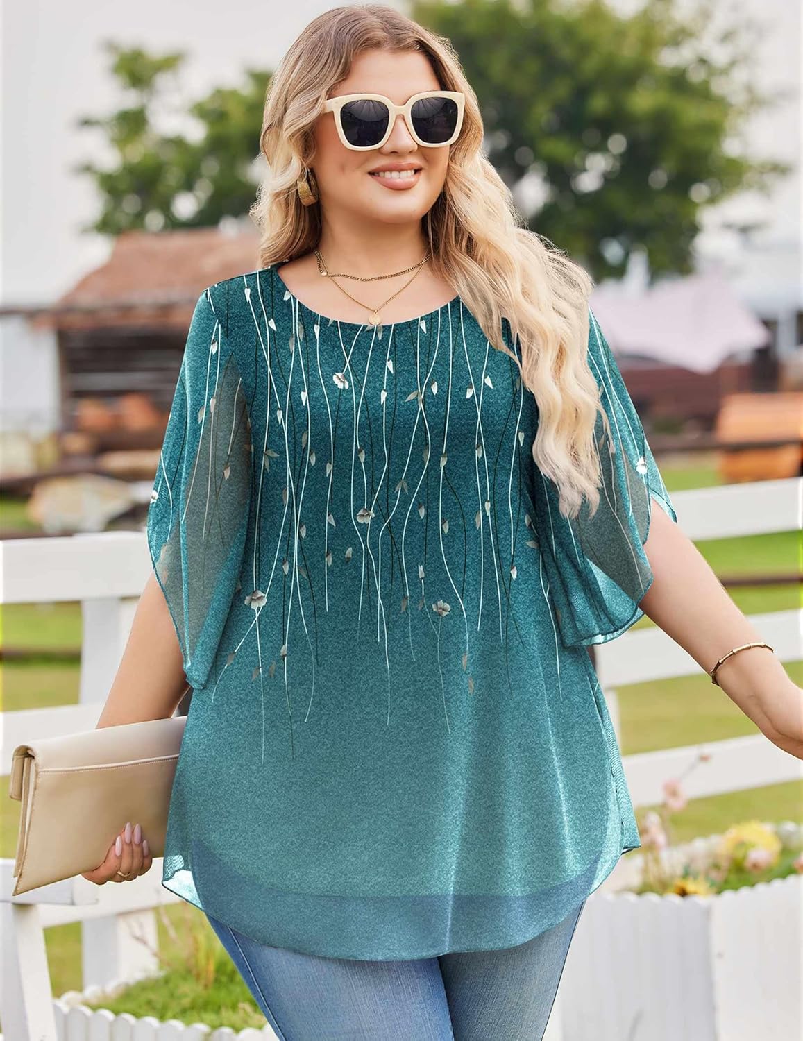 IN'VOLAND Plus Size 3/4 Sleeve Women Blouses Dressy Casual Double Layers Mesh Blouses Loose Fit Flowy Shirts - Image 2