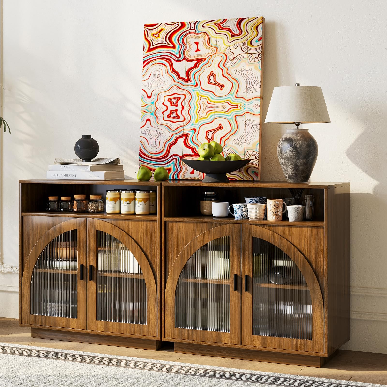 Sideboard Buffet Cabinet with Arched Acrylic Doors &amp; Storage(2, B-Walnut)