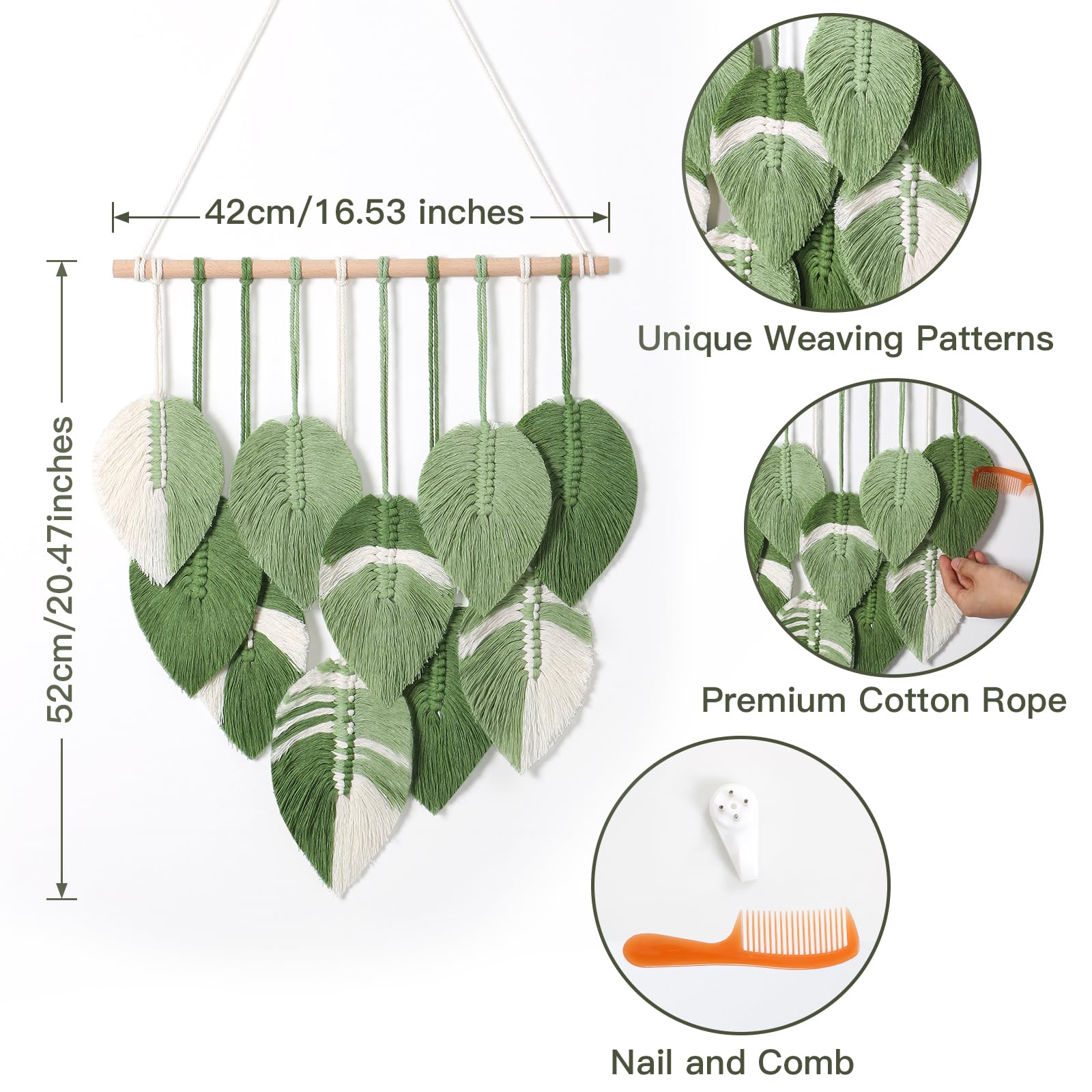 MEIVINES Macrame Tapestry, Boho Home Decor Hanging Tapestry Wall Art, Unique Handmade Leaf Feather Hanging Wall Decor for Bedroom Living Room Nursery Apartment