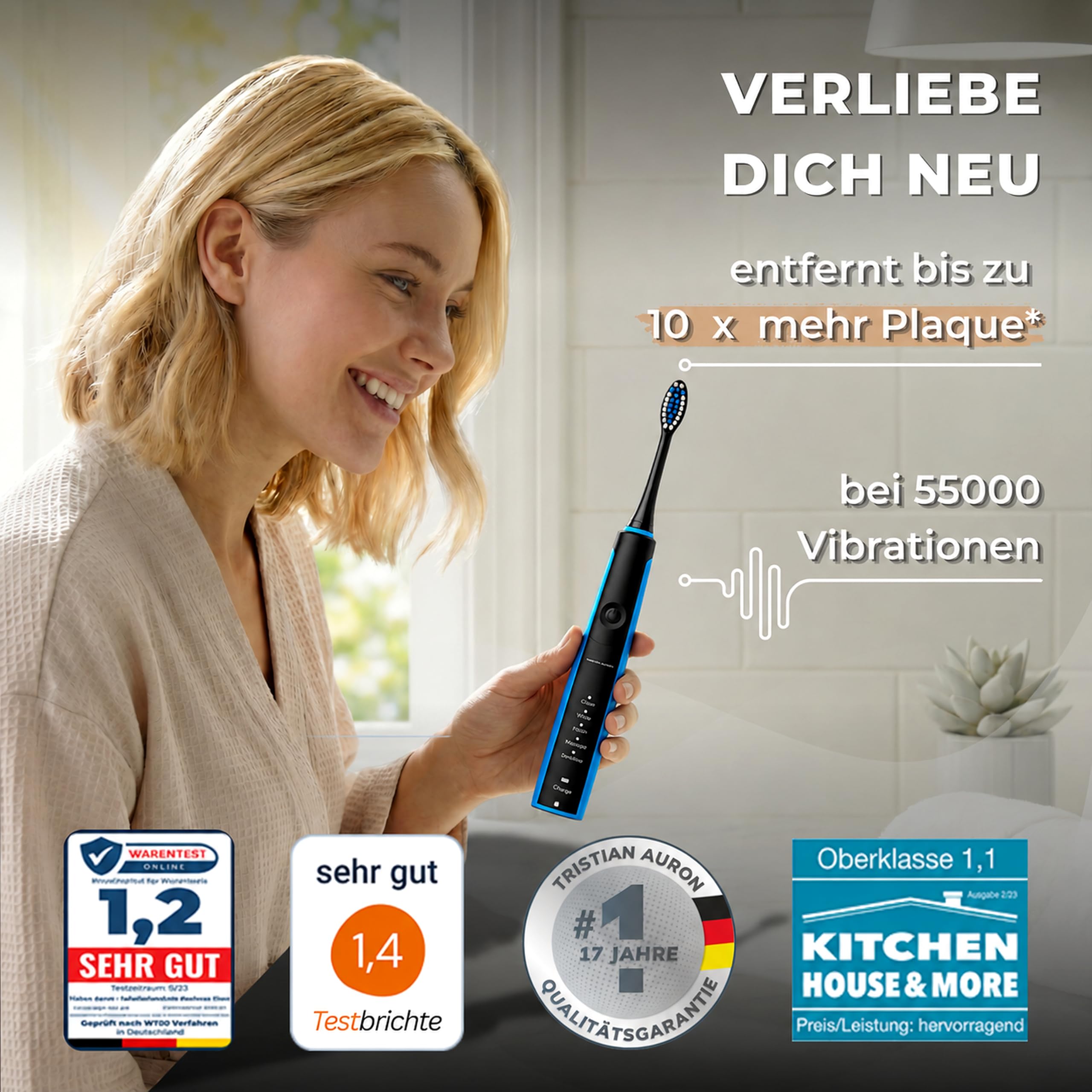 Elektrische Schallzahnbürste 55.000 VPM, risikofrei 100 Tage testen | Tristan Auron Zahnbürste Business Class in schwarz,60 Tage Akku,ReiseEtui mit UV Desinfektion,6 Ersatzbürste,2 Zungenreiniger