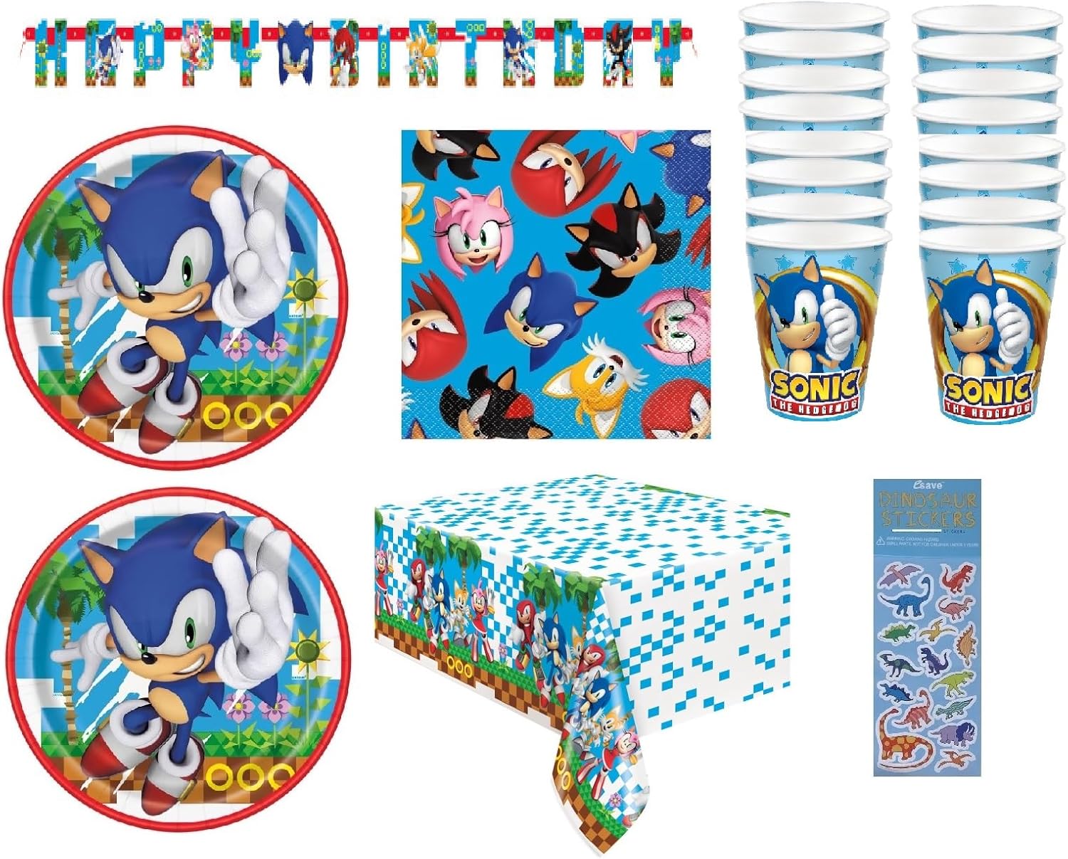 Sonic Birthday Party Supplies Bundle with 16 Plates, 16 Napkins, 16 Cups, 54″x84″ Table Cover, Happy Birthday Banner, Dinosaur Sticker Sheet Sonic Birthday Party Supplies Bundle with 16 Plates, 16 Napkins, 16 Cups, 54″x84″ Table Cover, Happy Birthday Banner, Dinosaur Sticker Sheet