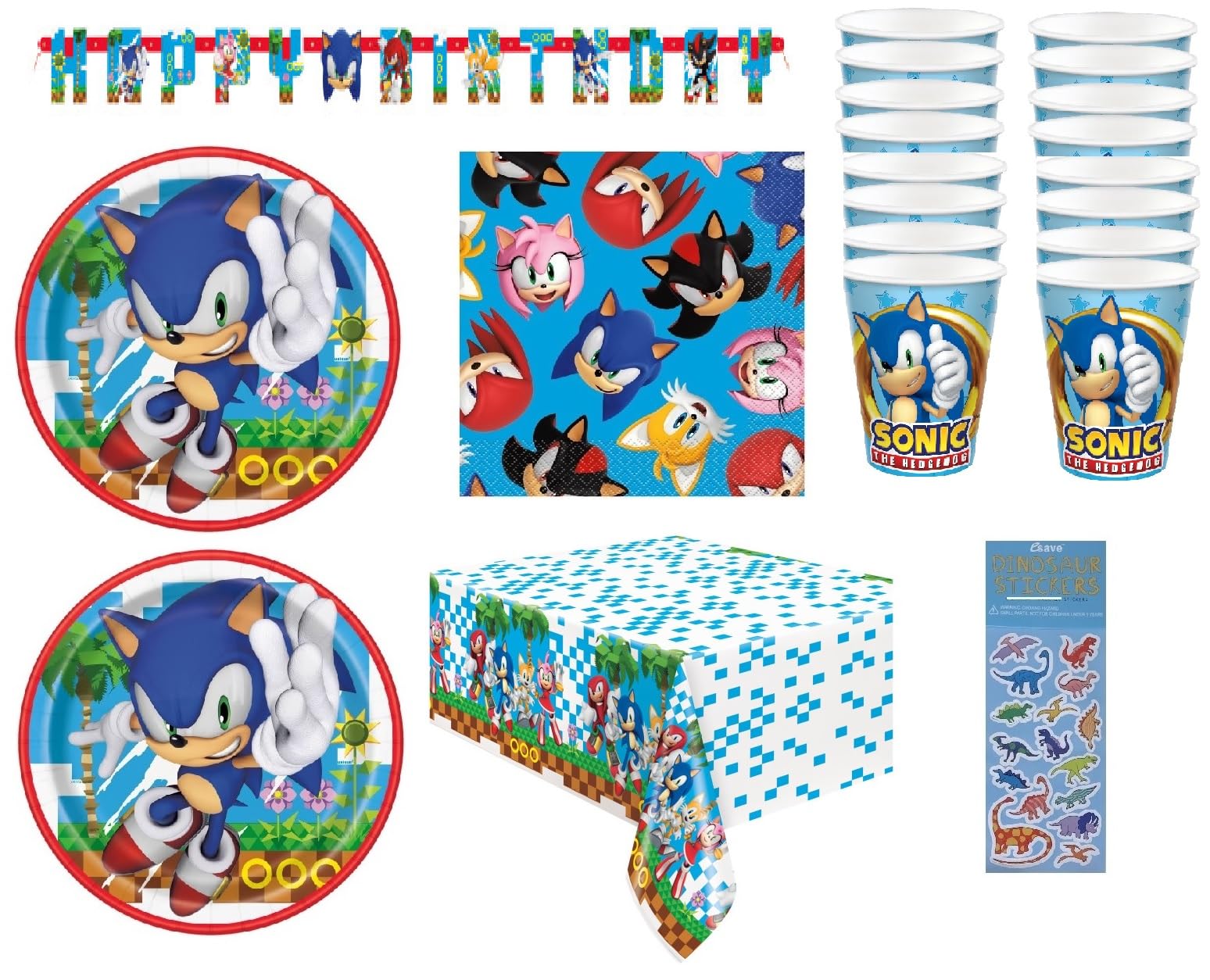 Sonic Birthday Party Supplies Bundle includes 16 Paper Plates 9", 16 Paper Napkins 6.5", 16 Paper Cups 9oz, 1 Plastic Table Cover 54" x 84", 1 Happy Birthday Banner, 1 Dinosaur Sticker Sheet