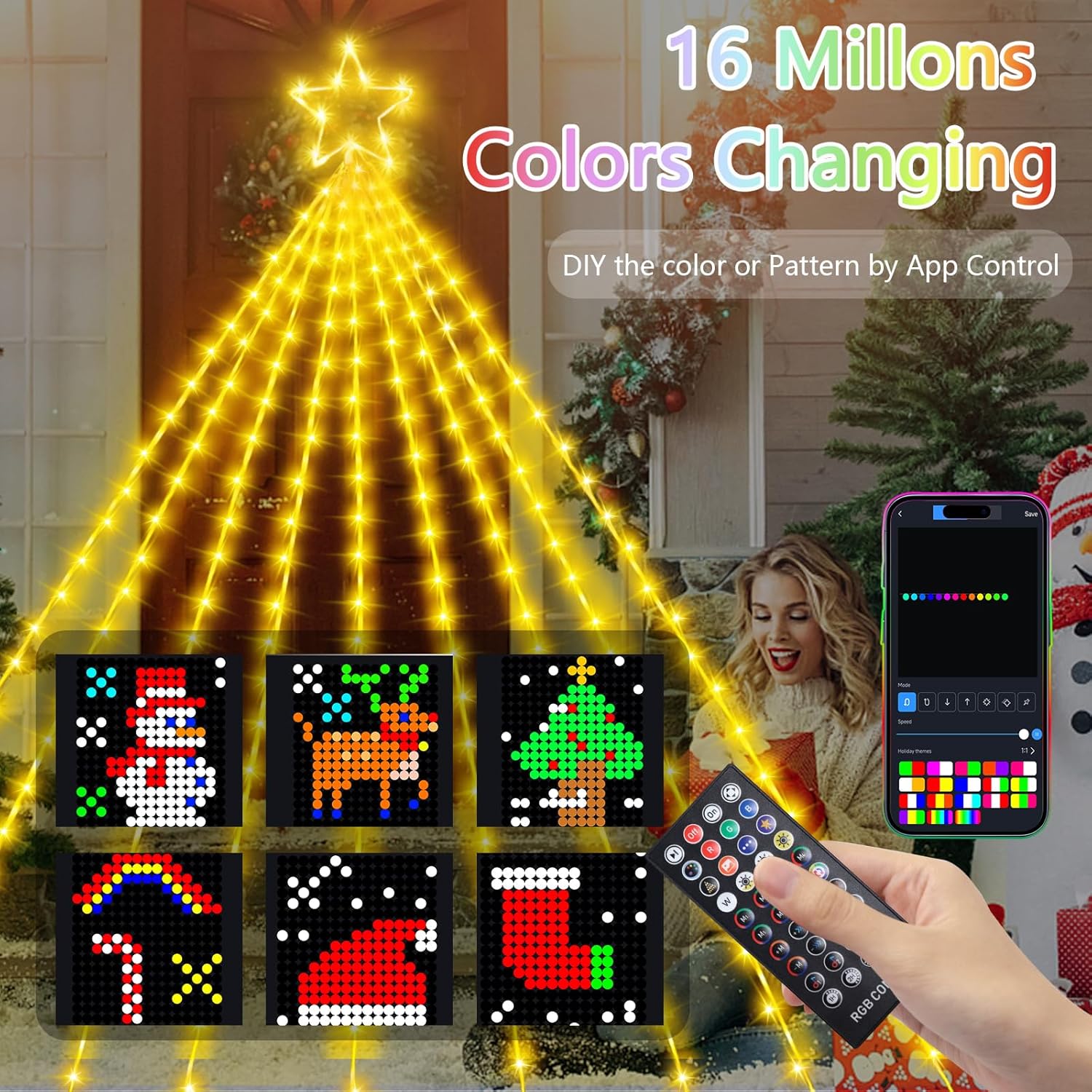 Vigdur 16.4FT Christmas Tree Decoration - 315 LEDs Customizable Star Waterfall Tree Lights with Remote, Timer, App Control Christmas Tree Lights with Music Sync for Xmas Yard Garden Party - Image 3