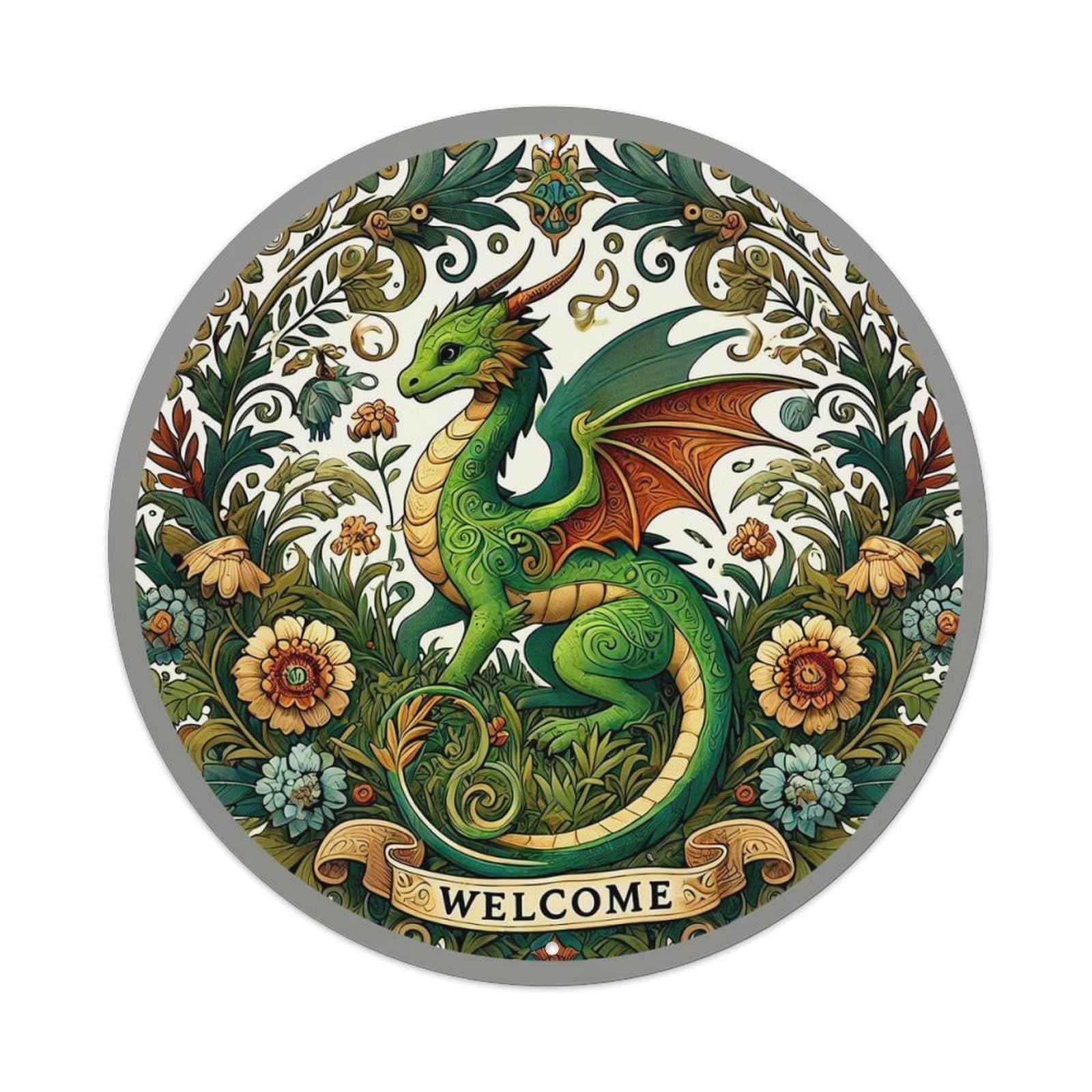 Dragon Floral Welcome Pattern Art Vintage Round Tin Sign Retro Metal Wall Decor Metal Poster, Home Bar Garage Farmhouse Cafe Wall Art Decoration 8x8Inch