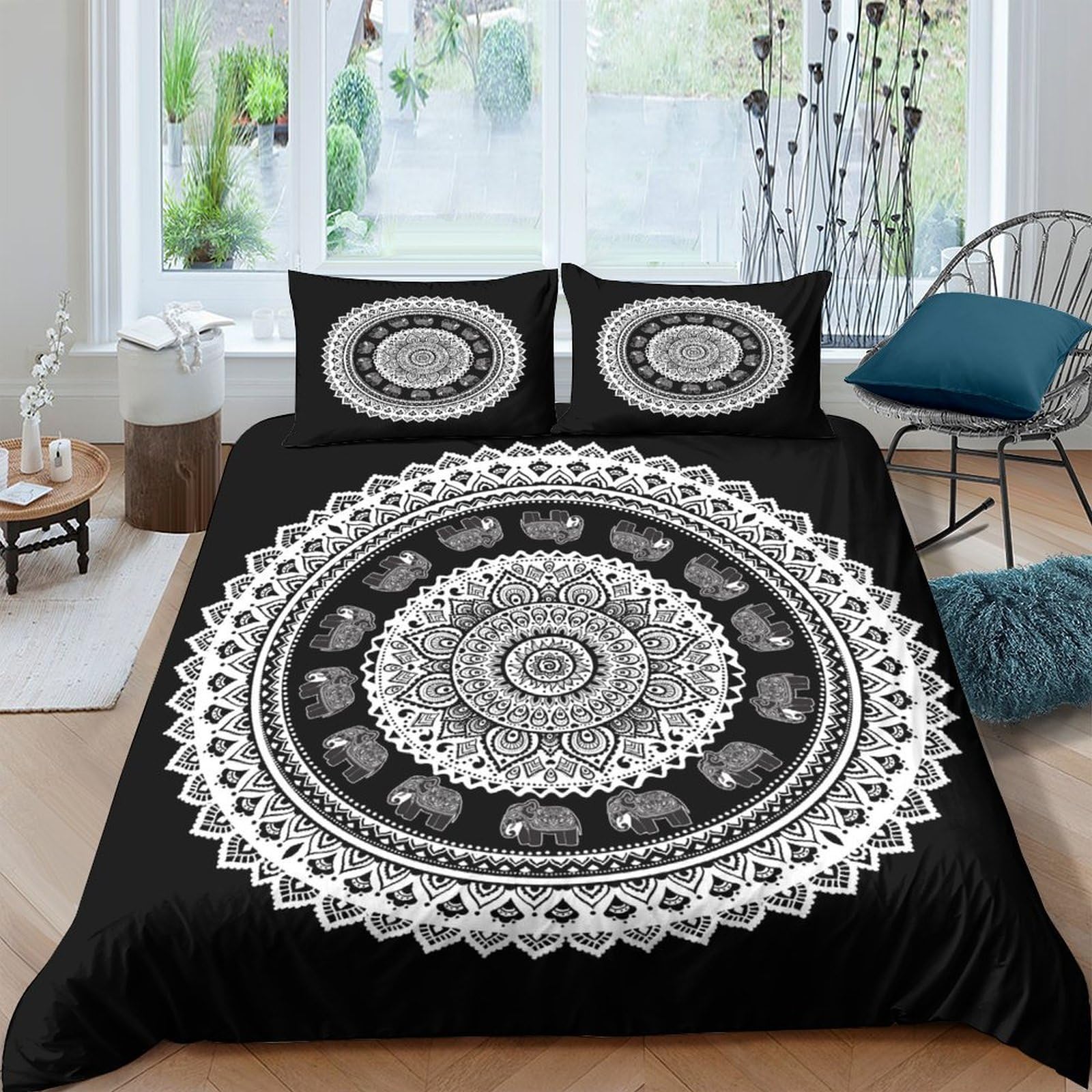 Ctjqhvkz Style-2 3D Printed Mandala Fitted Sheet Microfiber Black White Geometric Bed Cover For Bedroom Dorm Decorative Protection Single（135X200cm）