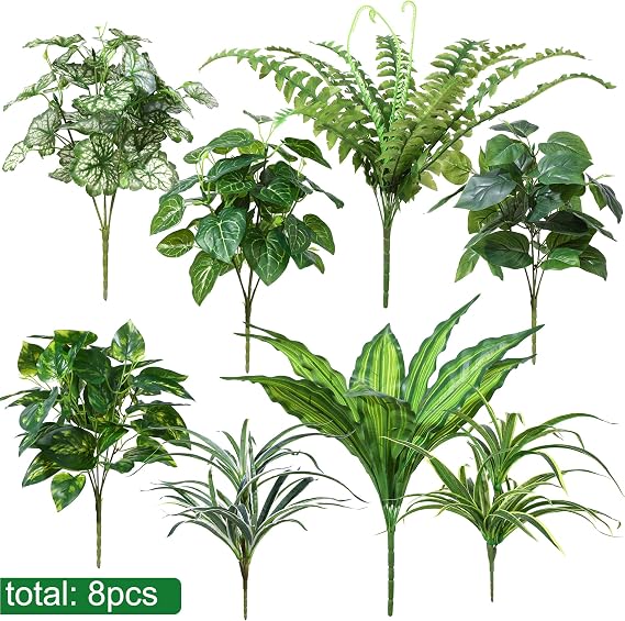 Starttag Artificial Bunches Greenery Plants Fake Plastic Leaves with Stems UV Resistant Outside Faux Plants Bushes for Outdoor Patio Garden Front Porch Yard Decor