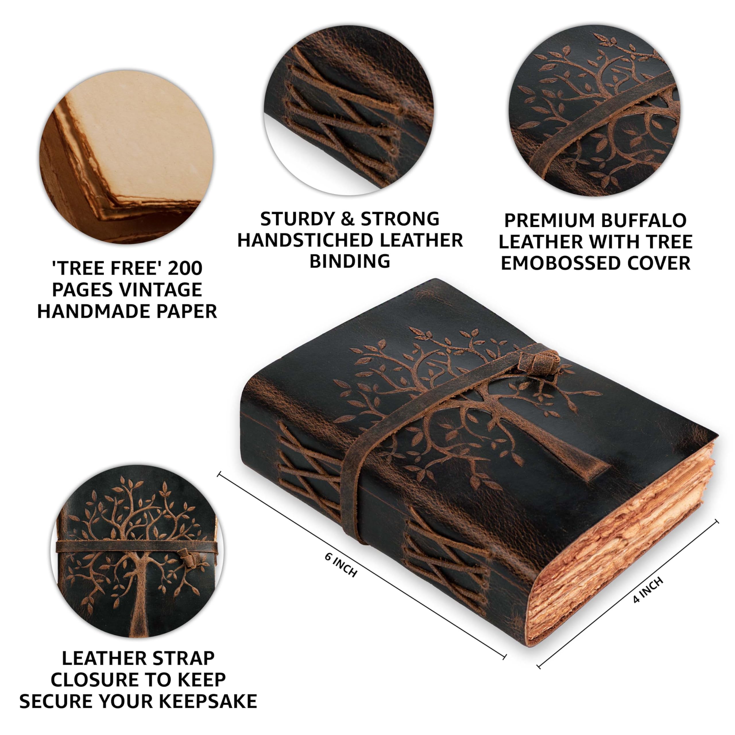 LEATHER VILLAGE Tree of Life Journal - 6 X 4 (A6) inches - Rustic Brown - 200 Antique Deckle Edge Handmade Paper Book of Shadows - Vintage Leather Bound Journal for Women & Men - Image 4