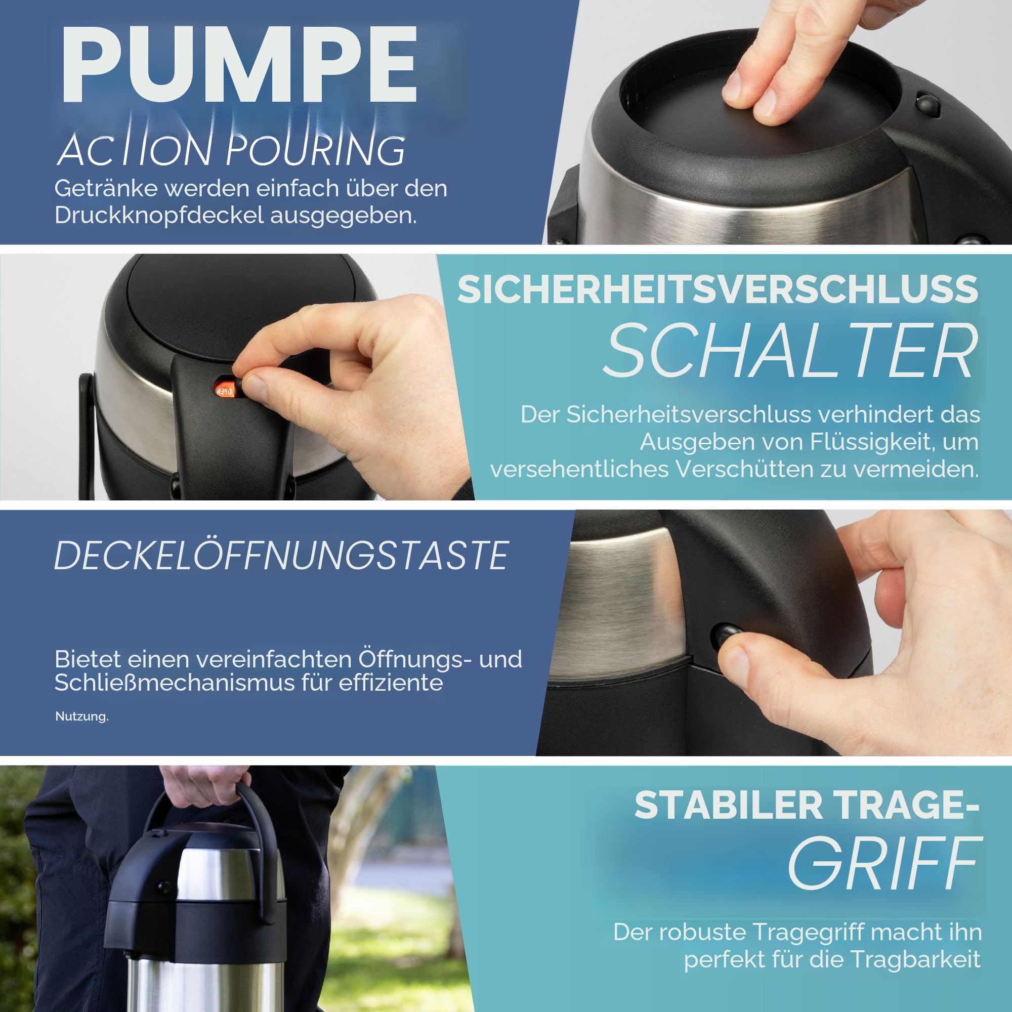 HEFTMAN Kaffeekanne Thermo 3L - Thermoskanne Edelstahl Airpot-Pumpflasche, Doppelwandige Isolierung, Auslaufsicher Isolierkanne mit 360° drehbarem Boden, Tragegriff, Sicherheitsverschluss