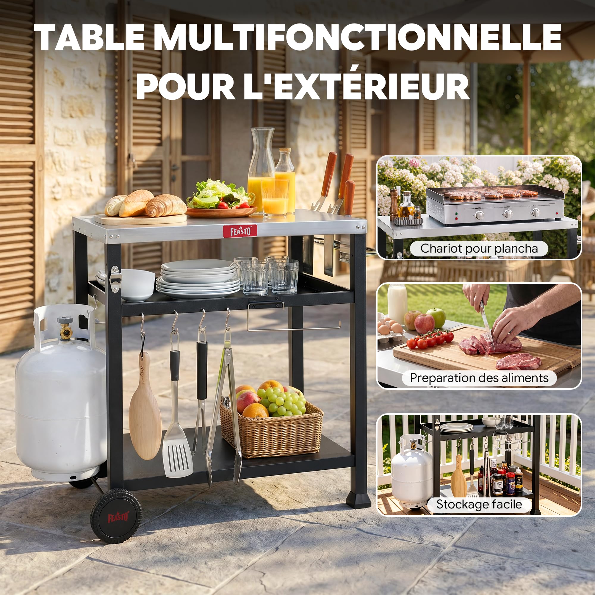 Feasto 3-Étagère Chariot de Barbecue, Desserte pour Plancha en Acier INOX, 4 Crochets et Porte-Serviettes en Papier, Idéal pour Jardin et Terrasse, 95 x 64 x 84 cm