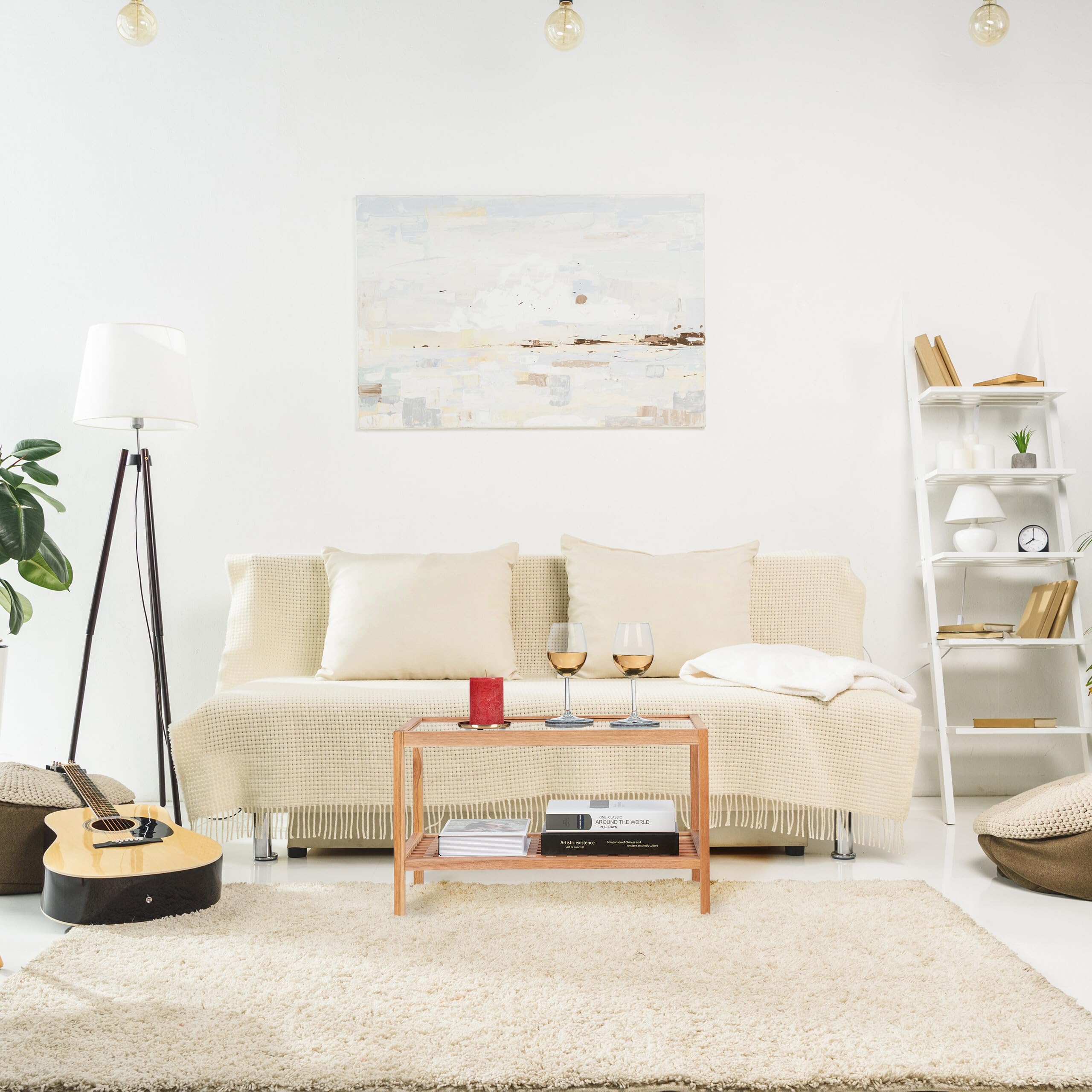 Relaxdays Tavolino da Salotto in Legno, 35 x 60 x 40 cm, Ripiano in Vetro, 2 Mensole, Tavolo Basso da Divano, Naturale