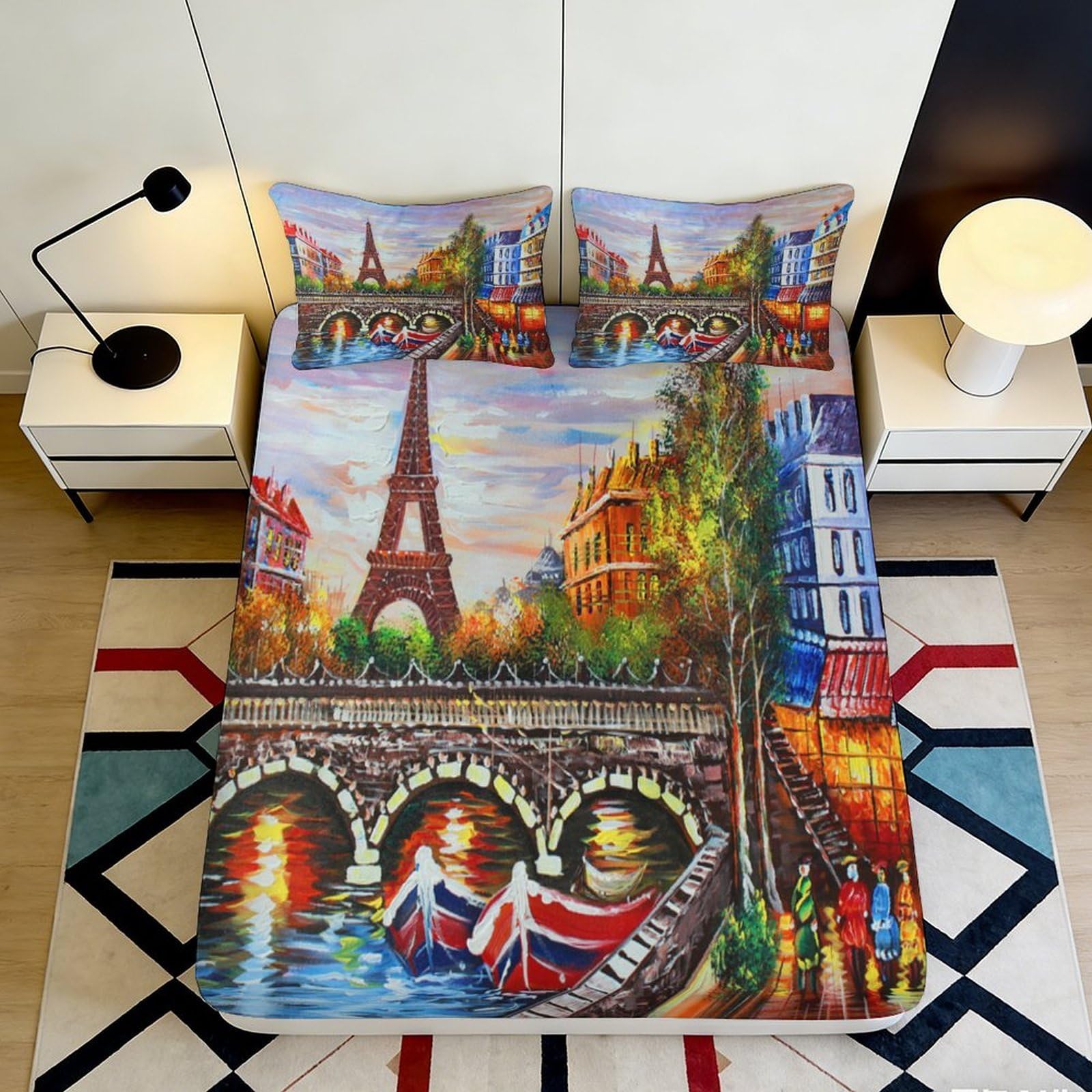 3D Printed Paris Landmark Fitted Sheet Microfiber Colourful Cityscape Bed Cover for Bedroom Guest Room Decor 90x200x25cm