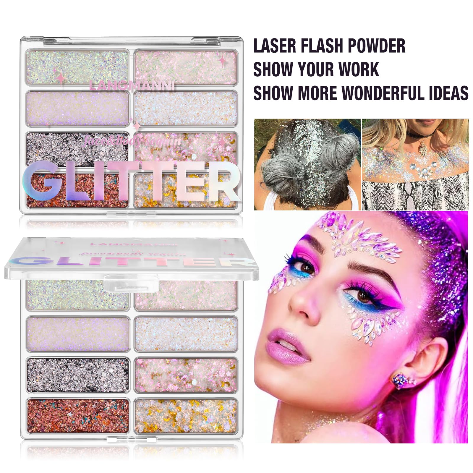 Paleta de purpurina de 8 colores para rostro y cuerpo, lentejuelas holográficas cambiantes de sirena para mujeres y niñas, festivales de música, fiestas, maquillaje rave (#A) 5