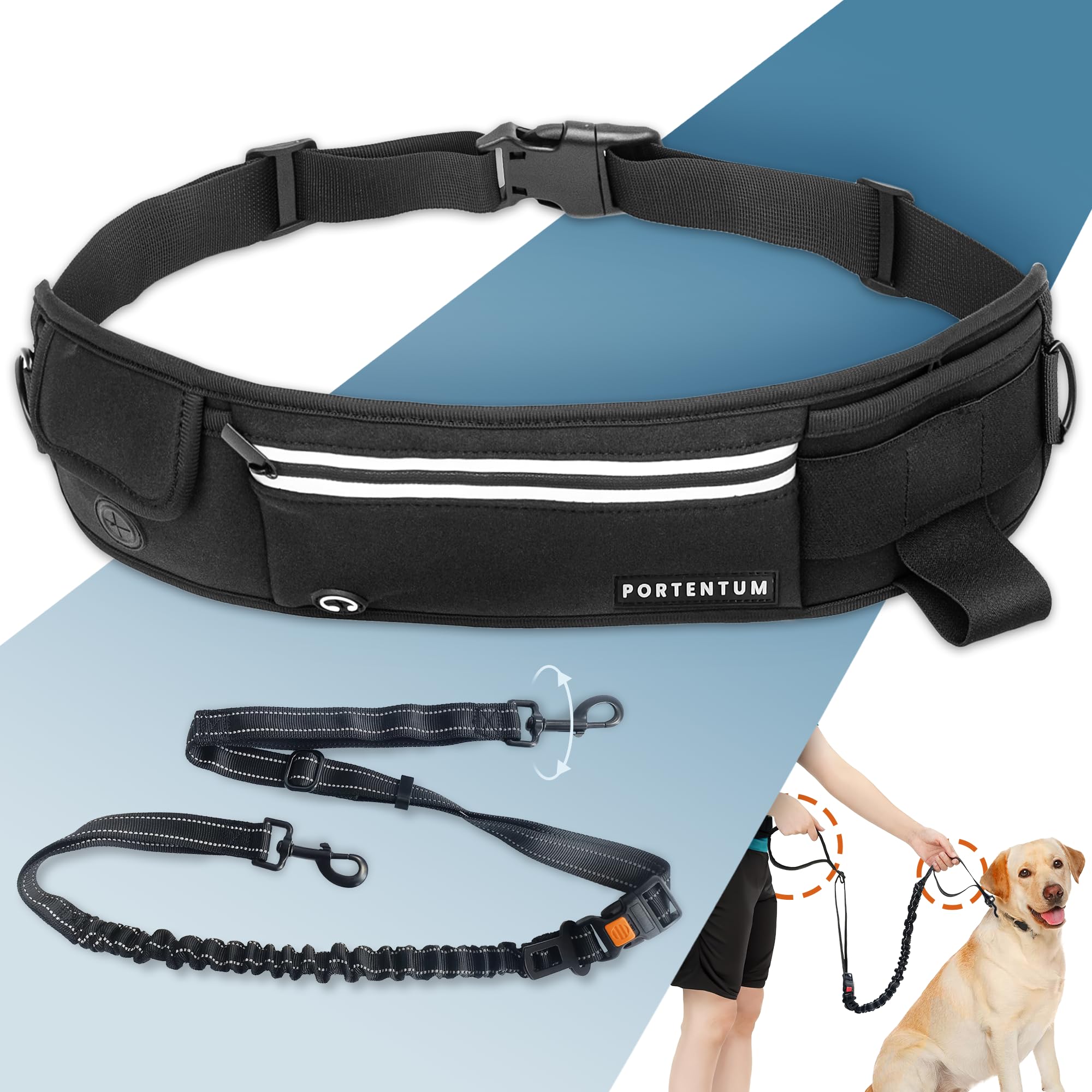 PORTENTUM Hands Free Dog Lead, Dog Leash, Walking, Hiking, Training,Adjustable Waist Belt and Water Pouch for Running, Jogging, Black