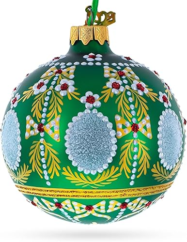 Enchanting 1908 Alexander Palace Royal Egg Green - Adorno navideño de bola de vidrio soplado de 3.25 pulgadas