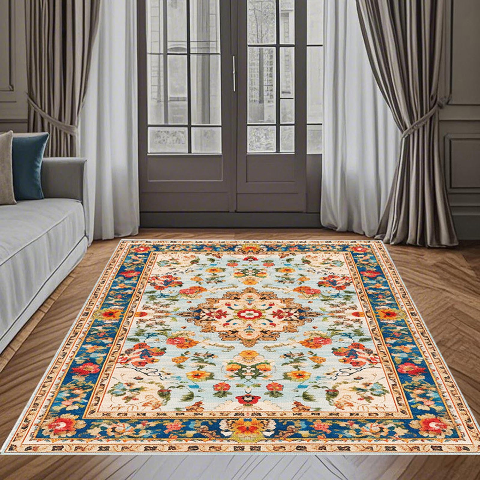 Tapis vintage floral antidérapant et facile à nettoyer de 120x200 cm pour grand salon