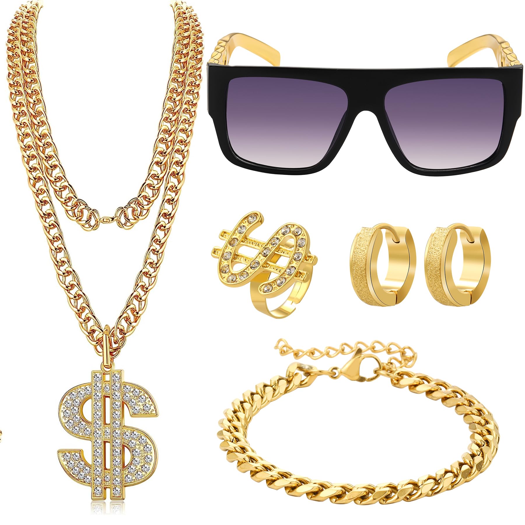 MATTE MAISA 8PCS Hip Hop Costume kit 80s 90s Hip Hop Fancy Dress Rapper Fancy Dress Accessories Disco Gold Dollar Sign Necklace Bracelet Rings Earrings Sunglasses for Women Men