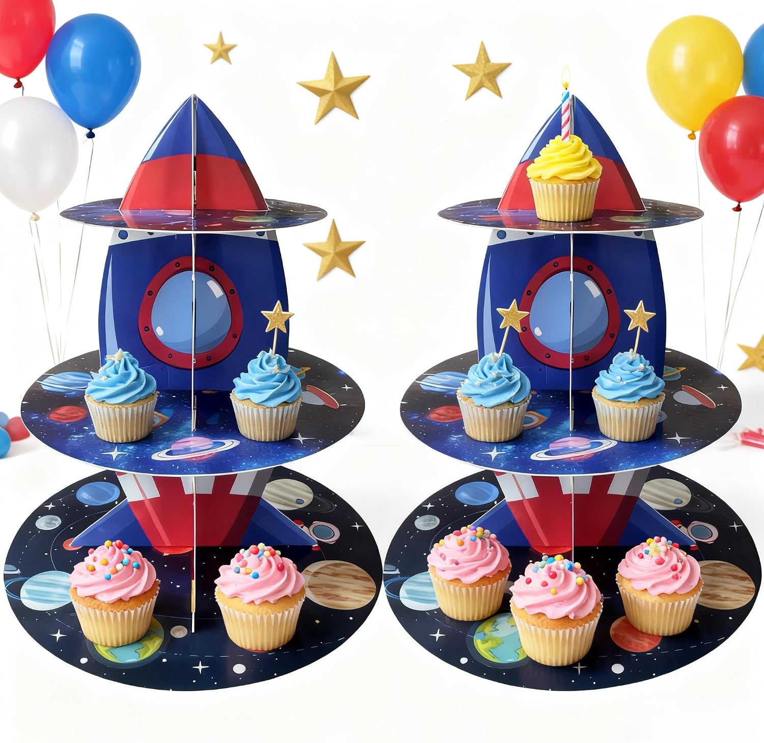 Cupcake Stand Paper 3 Tier Beautiful Rocket Disposable Birthday Boy Party Supplies image 3