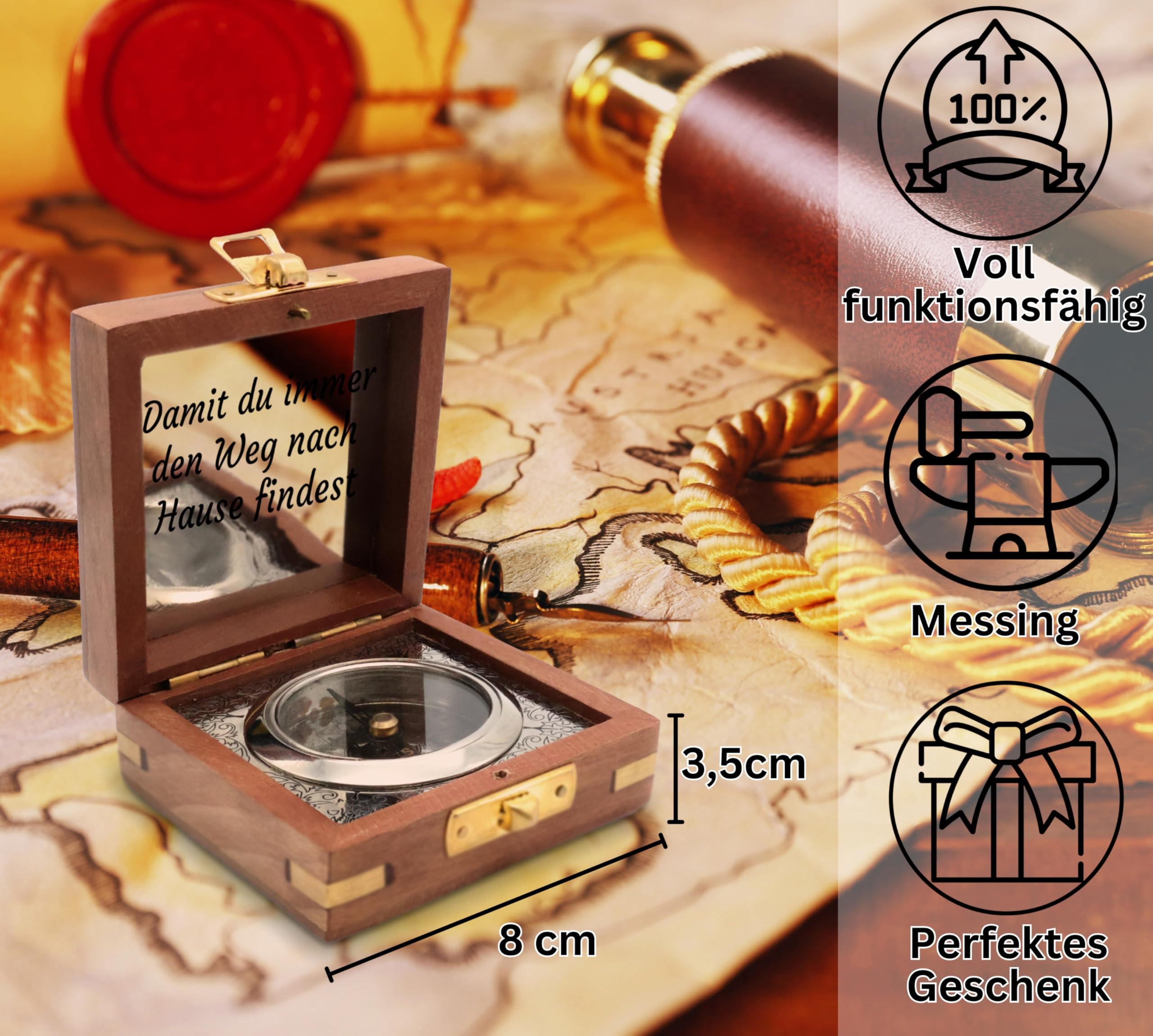 SonKo® Kompass mit Gravur Kompass personalisiert – Antik Optik nautischer funktionsfähige Maritime Deko aus Messing. Konfirmation Geschenk Kommunion