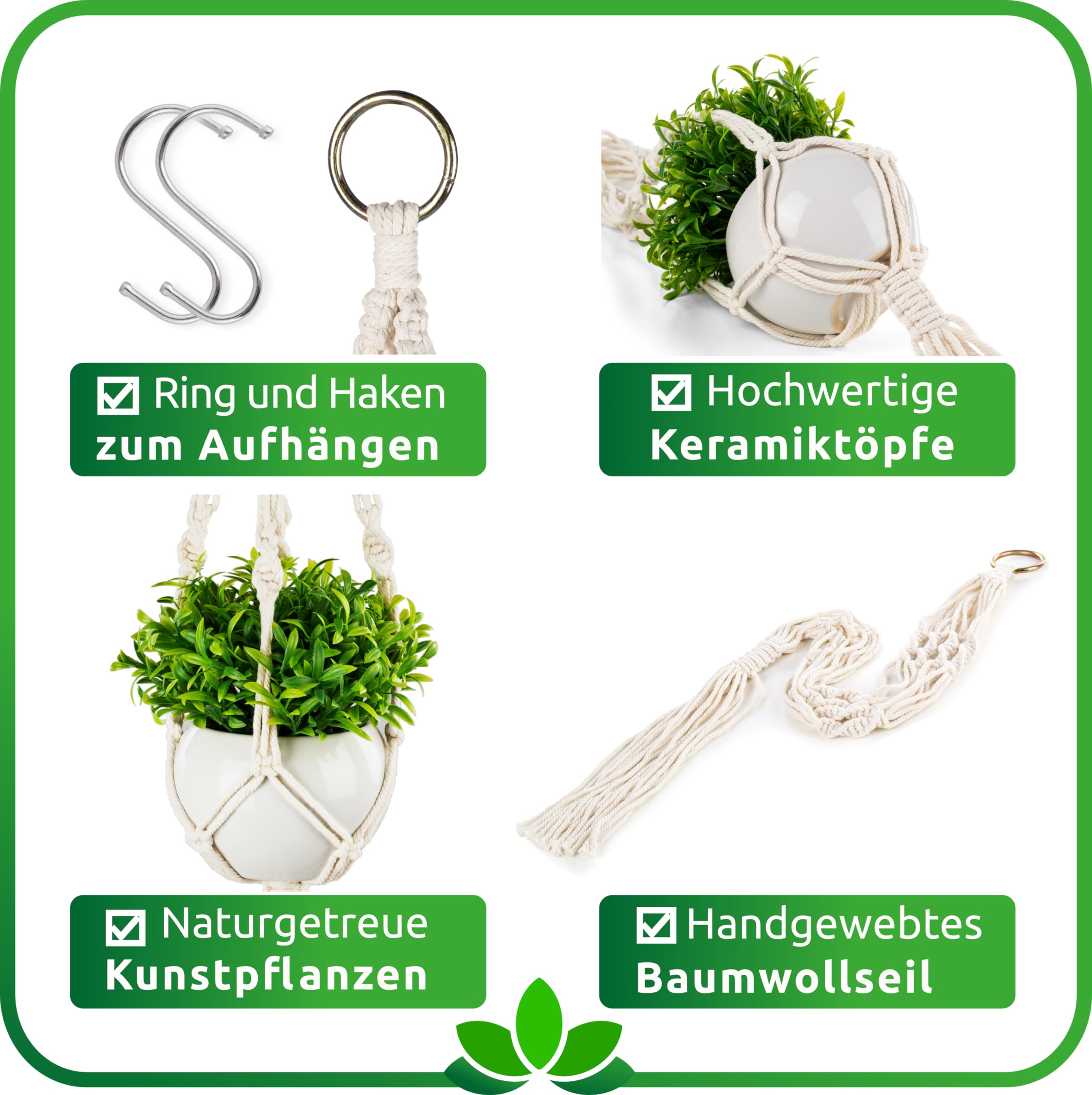 PASCH Lot de 2 plantes artificielles avec macramé suspendu et pots en céramique blanche - Plantes artificielles (14 cm) + suspension en macramé (60 cm) - Plantes suspendues artificielles