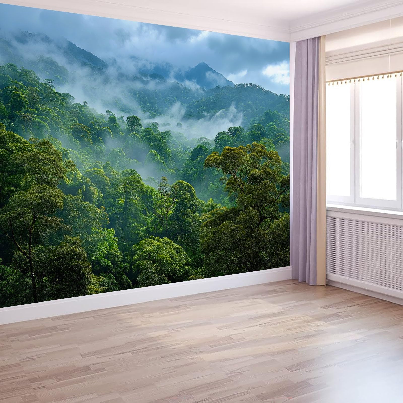 Générique Panoramiczna tapeta natura realistyczna dżungla mgła góry 250 x 175 cm, gobelin ścienny z włókniny szałwiowej 3D, gigantyczny plakat do salonu, sypialni i biura