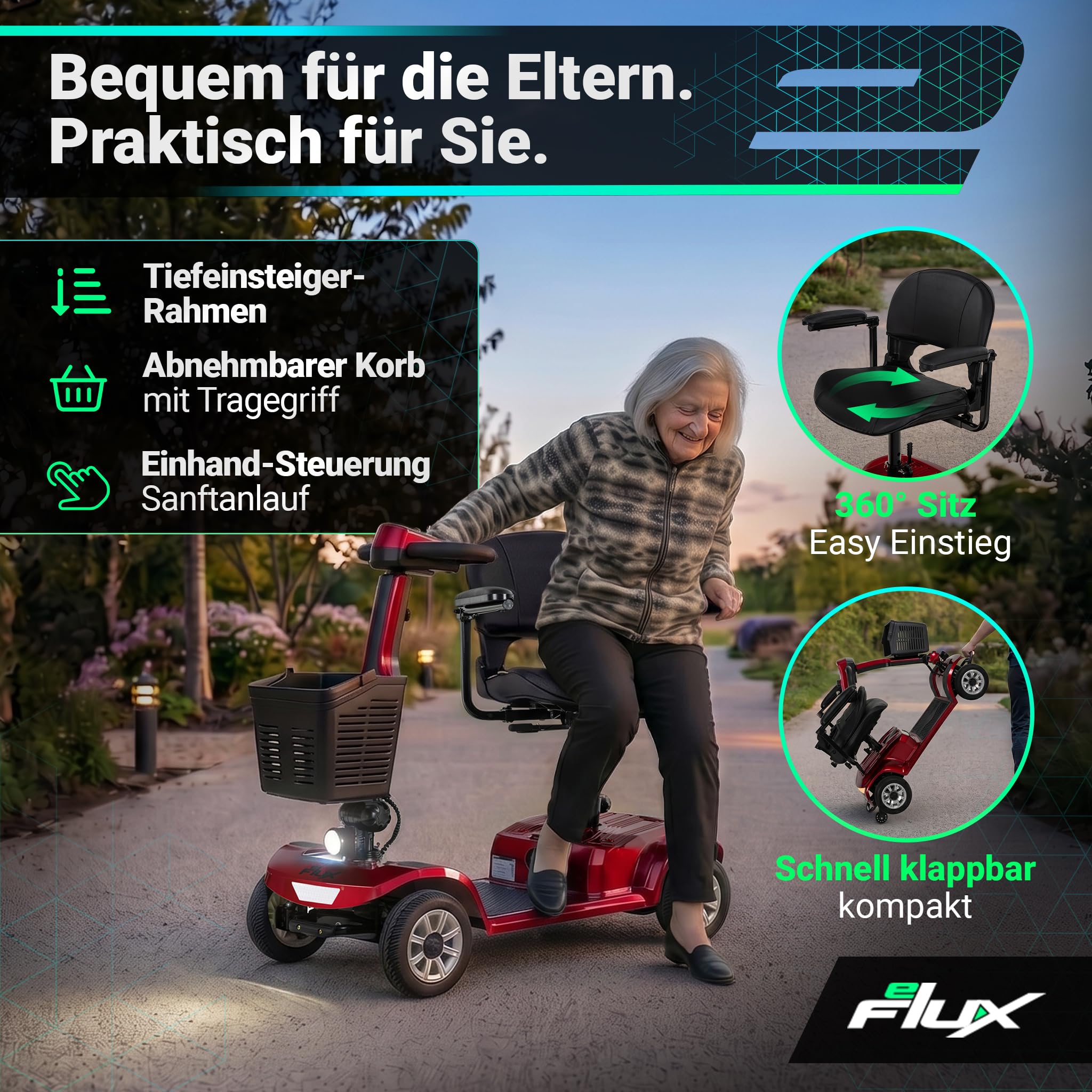eFlux Seniorenmobil M1 | Elektromobil für Senioren klappbar - Bis 20 km Reichweite - Rollator - Rollstuhl elektrisch - Elektrorollstuhl - Seniorenroller (Rot)