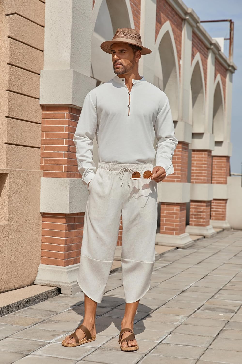 COOFANDY Men's Linen Harem Capri Pants Lightweight Loose 3/4 Shorts Drawstring Elastic Waist Casual Beach Boho Yoga Trousers