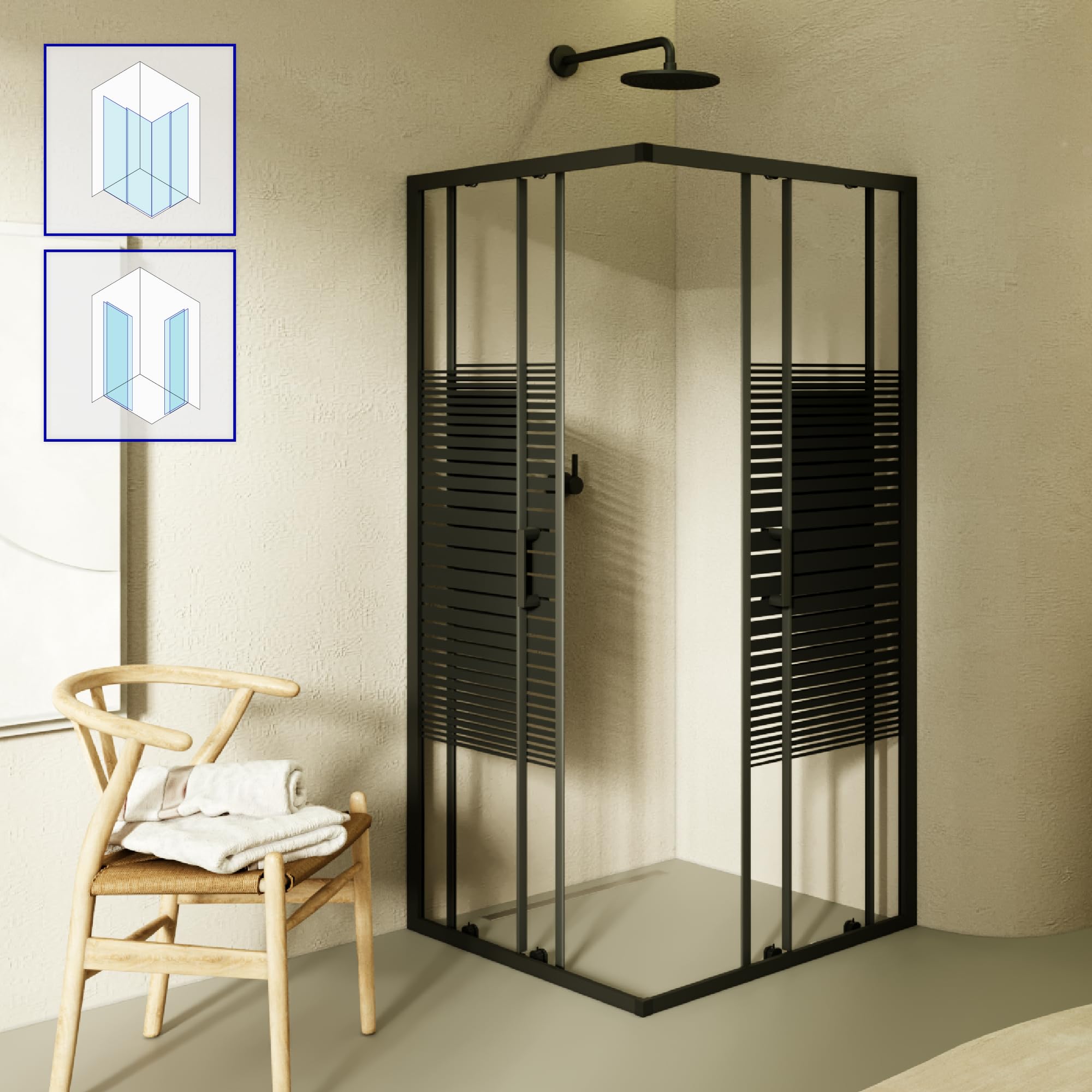 Mampara de Ducha Diana 75x75x180cm | REVERSIBLE | Puertas correderas, Ajuste 72,5-74,5 x 72,5-74,5cm | Perfiles Negros, Cristal serigrafiado con líneas horizontales de 6mm