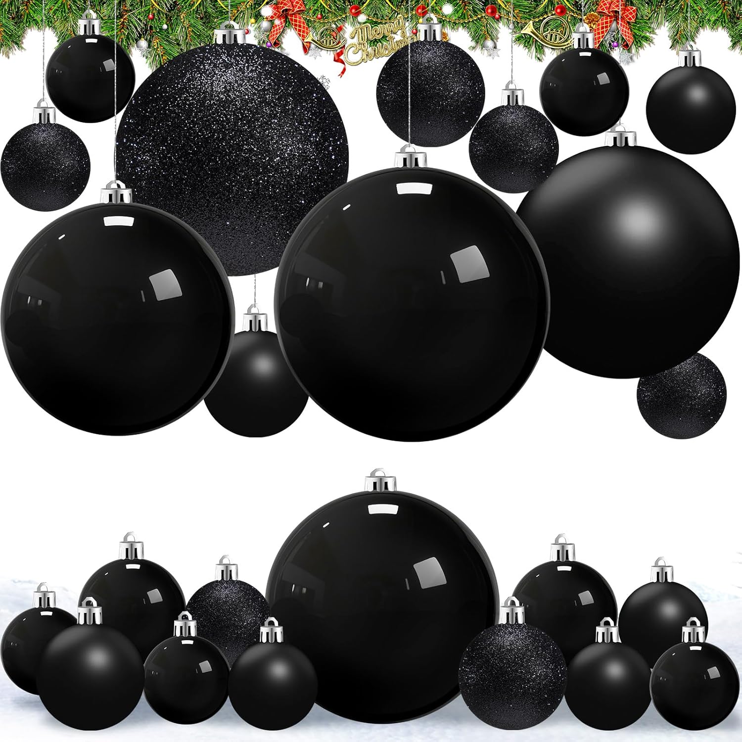 Marsui 24 Pcs Giant Christmas Balls Ornaments Extra Large Outdoor Black Christmas Ornament 8'' 6'' 3'' 2'' Large Xmas Balls Bulk Plastic Shatterproof for Xmas Tree Lawn Yard Porch (Frosted and Shiny) Frosted and Shiny Black