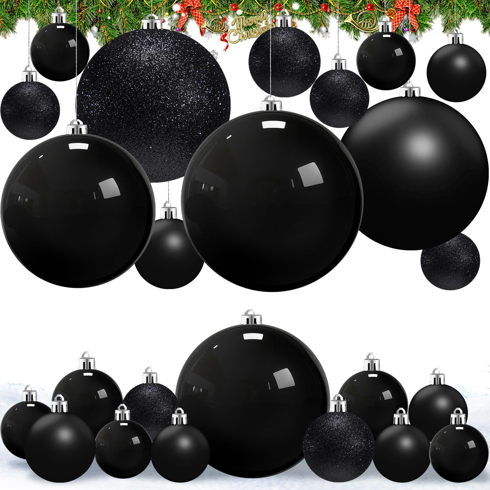 Boules de Noël géantes en plastique noir givré et brillant pour grand sapin de Noël