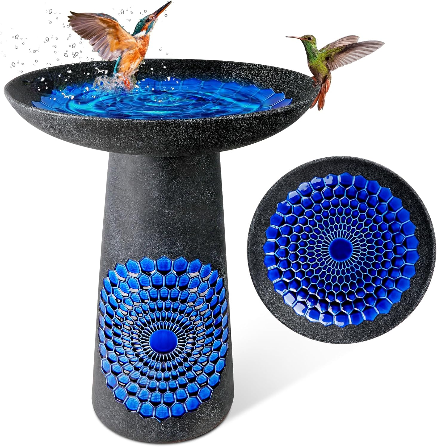 Ceramic Bird Bath for Outdoor, 21.5 Inch Height Heavy Duty Bird Bath for Outside, Garden and Patio Décor - Diamond Blue