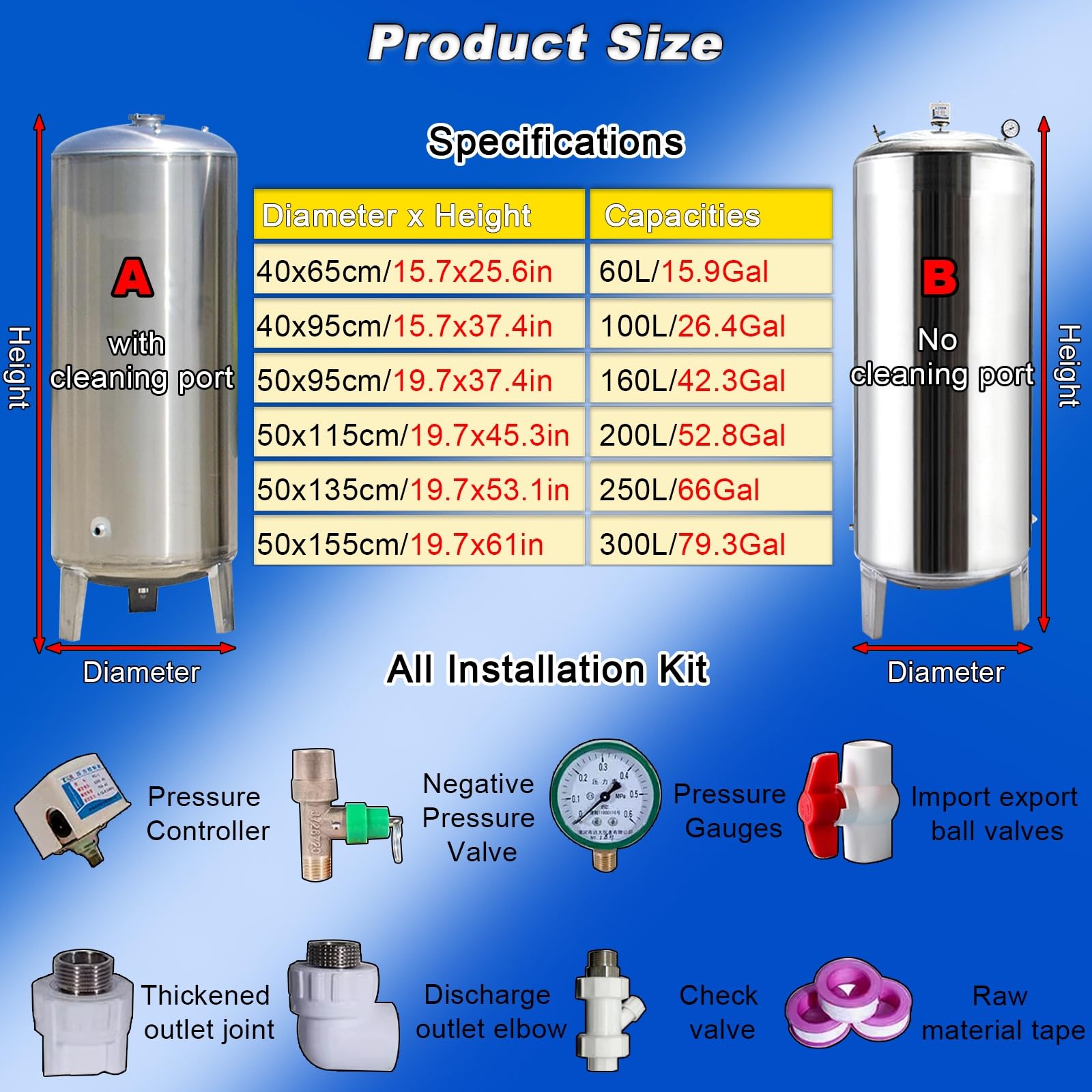 Depósito de almacenamiento de agua, tanque automático de presión de pozo de acero inoxidable con puerto de limpieza y kit de montaje