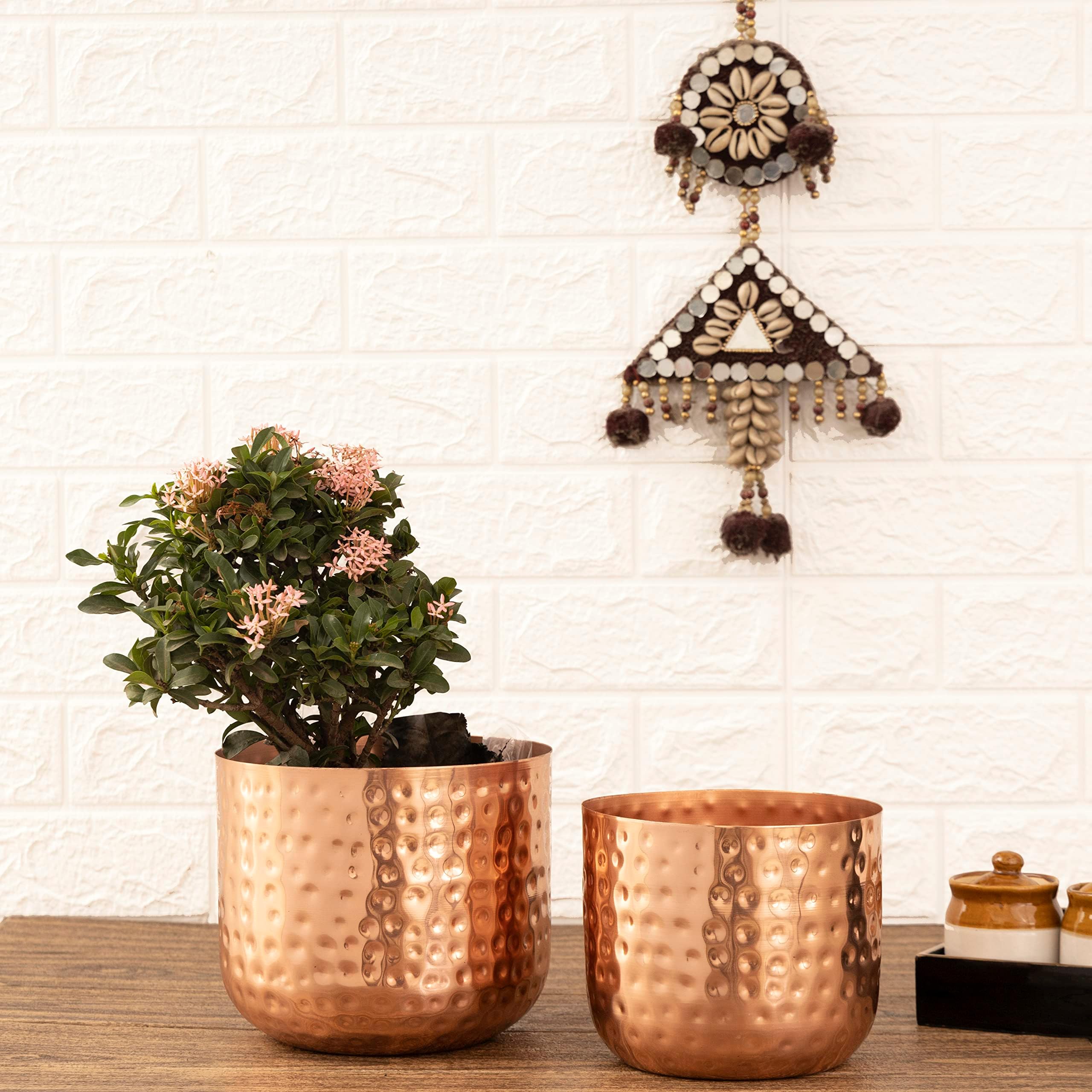 HomeShastra® Luxe Gold Metal Planters | 7.5 Inch & 6.5 Inch (Height) by 7 inch & 6 Inch (Dia) | Flower Pots for Living Room (Rose Gold Hammered)