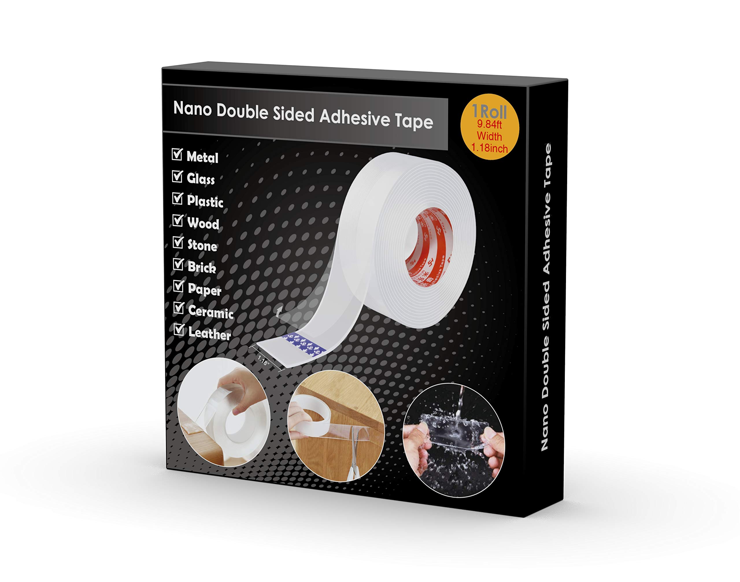 Double Sided Tape Heavy Duty (9.85FT), Removable Nano Adhesive Mounting Tape for Walls, Reusable Strong Sticky Wall Tape Strips Transparent Tape Poster Carpet Tape