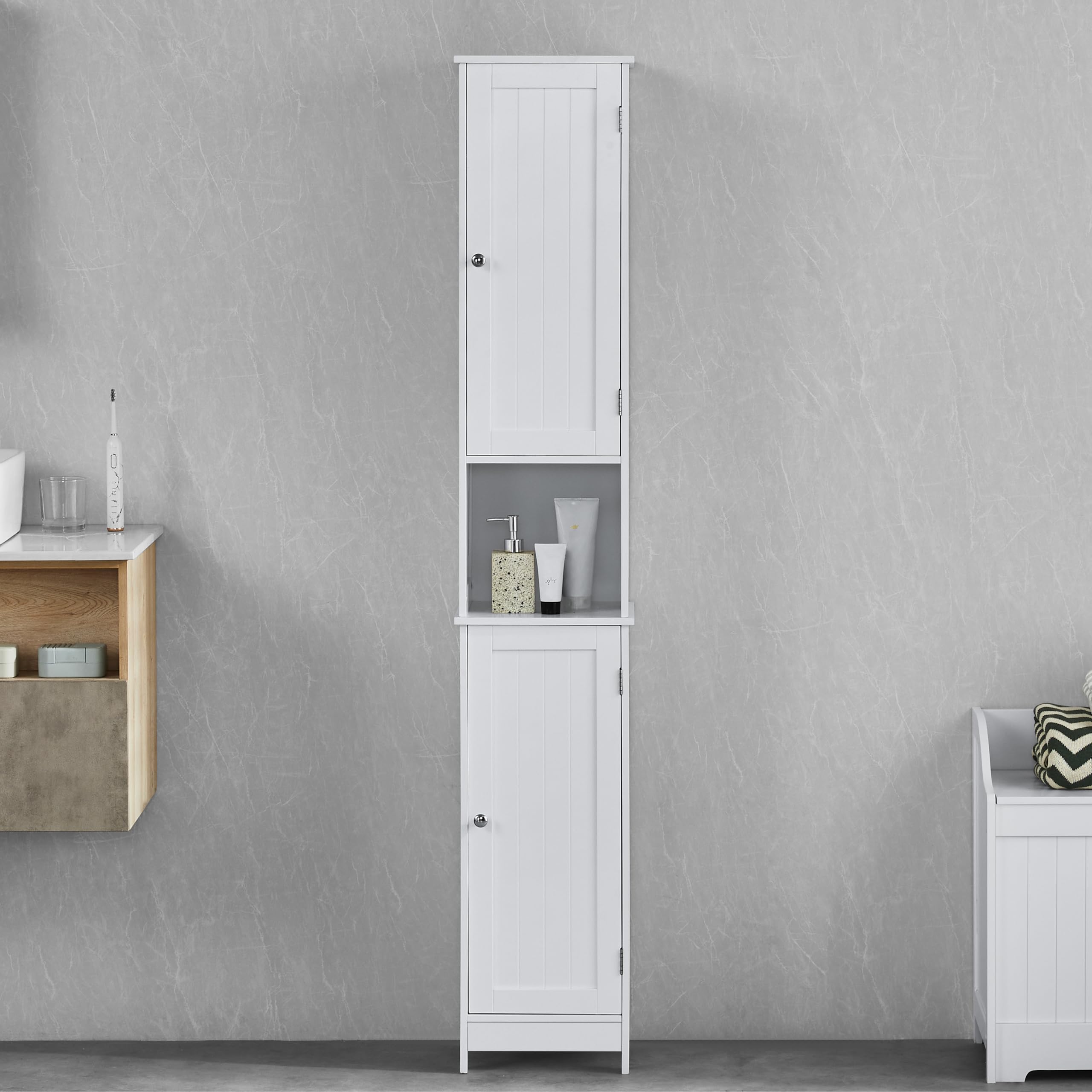 Bath Vida Priano Armoire de Salle de Bain avec Placard de Rangement sur Pied en Bois Blanc
