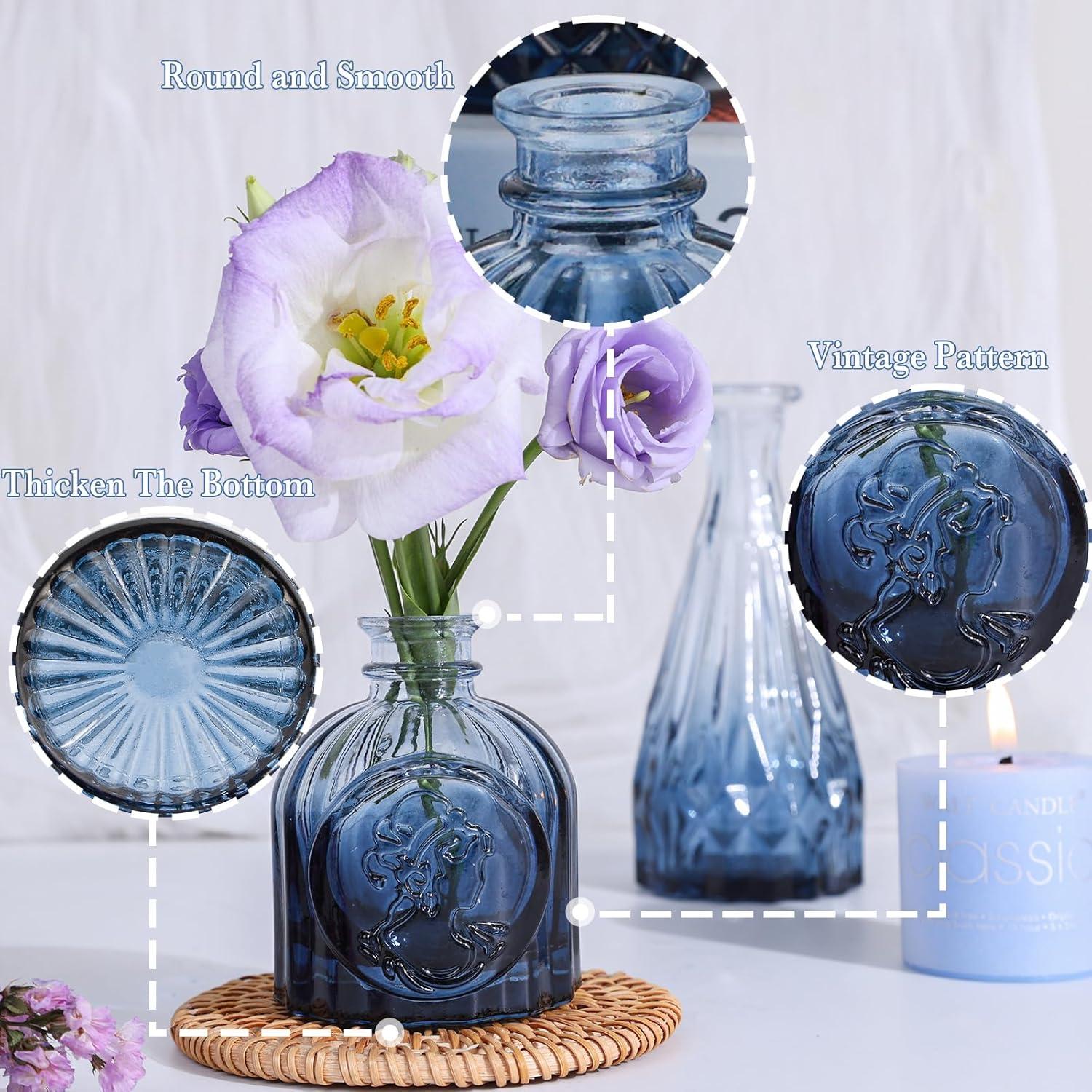 UPBUD Glass Blue Bud Vases Set of 12, Mini Flower Vase for Centerpieces, Small Glass Vases in Bulk for Bridal Shower Decorations, Vintage Vase for Wedding, Party, Graduation, Home Table Décor