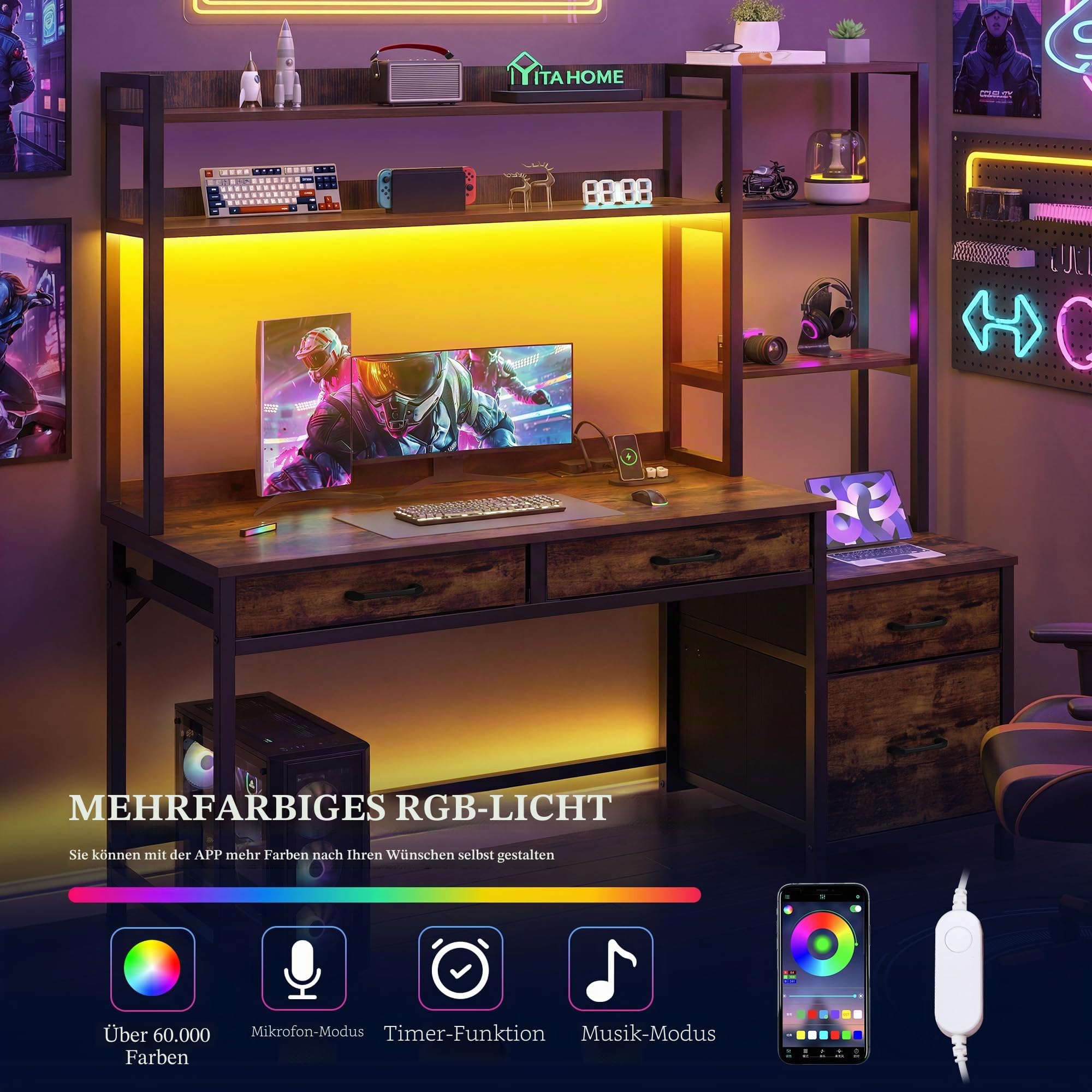 YITAHOME Computer Schreibtisch mit Schubladen, 150W x 50D x 150H cm Eckschreibtisch Für Home Office, Computer Tisch Aufbewahrungen & Regale, Gaming Schreibtisch mit LED Licht & Steckdosen, Braun