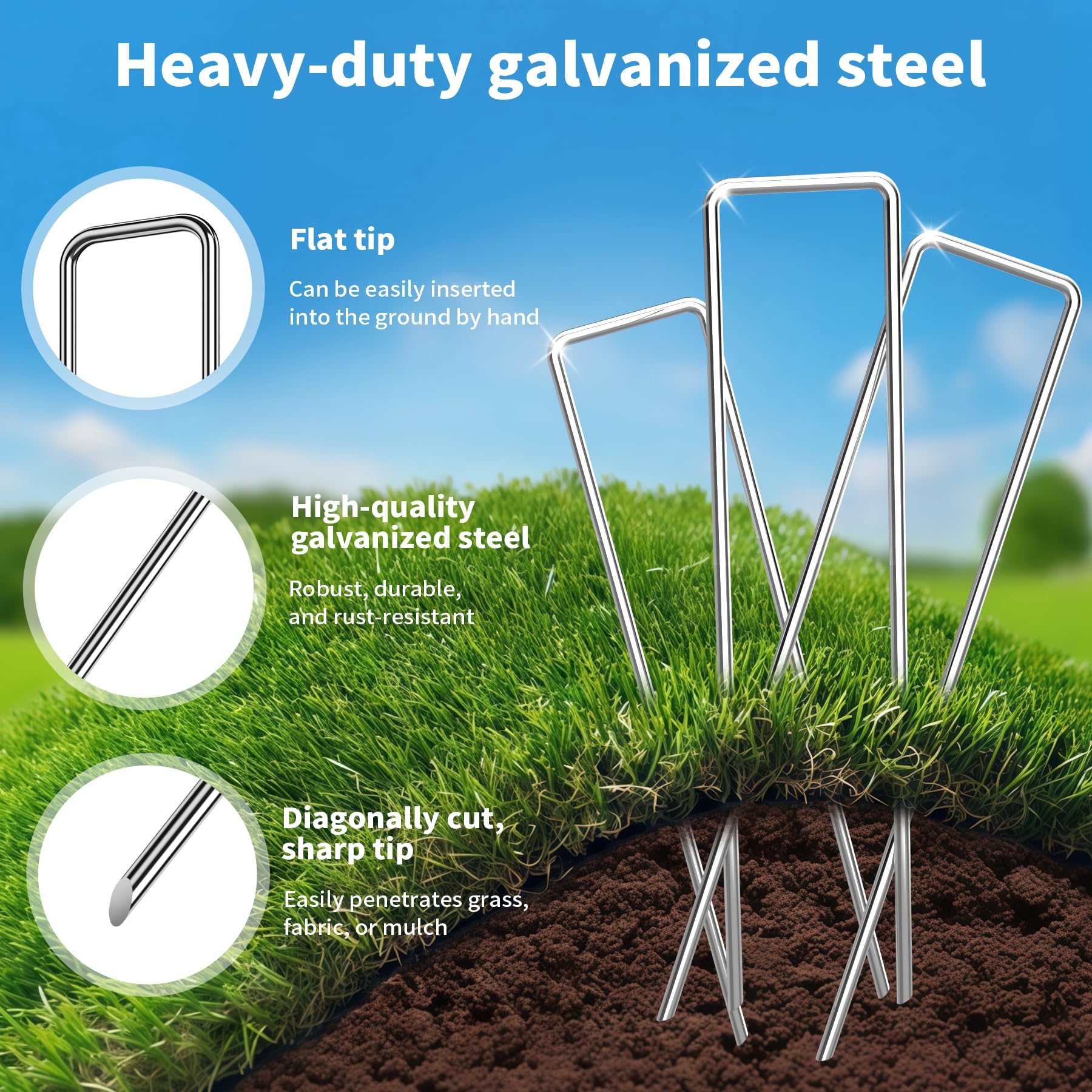 Lot de 200 Grapas en Forma de U de Acero Galvanizado(150x30mm, Ø3mm), Piquetas de Jardín con 100 Arandelas y 1 Gancho Extractor para Malla Antihierbas Césped Artificial Tuberías de Riego