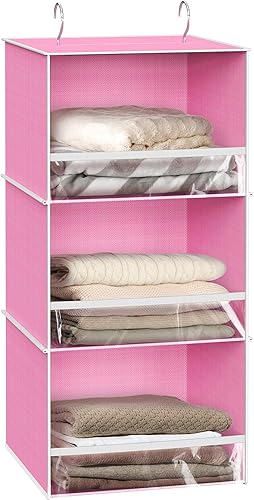 Simple Houseware Organizador de armario colgante de 3 estantes con tapón frontal, rosa