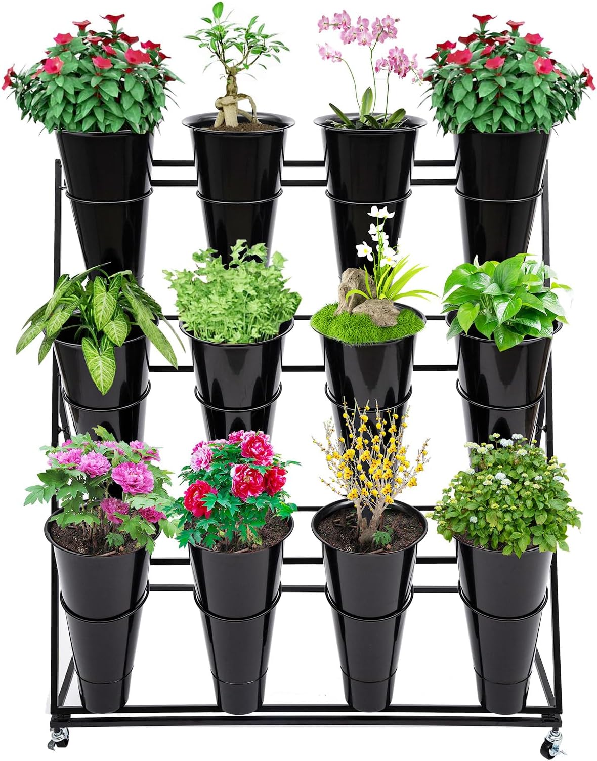 YIYIBYUS Flower Display Stand with 12PCS Buckets, 3 Layers Metal Plant Cart with Wheels, Heavy Duty Moving Fresh Flower Rack for Indoor, Outdoor Patio Garden, Living Room, Florist (Black)